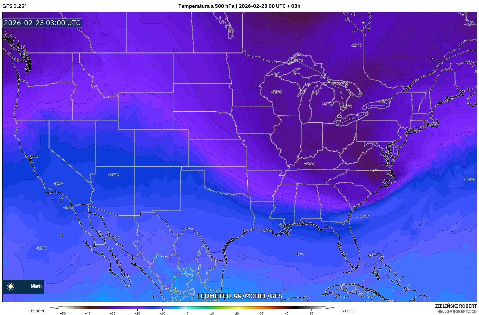 GFS model - Stany Zjednoczone, Temperatura na 500 hPa