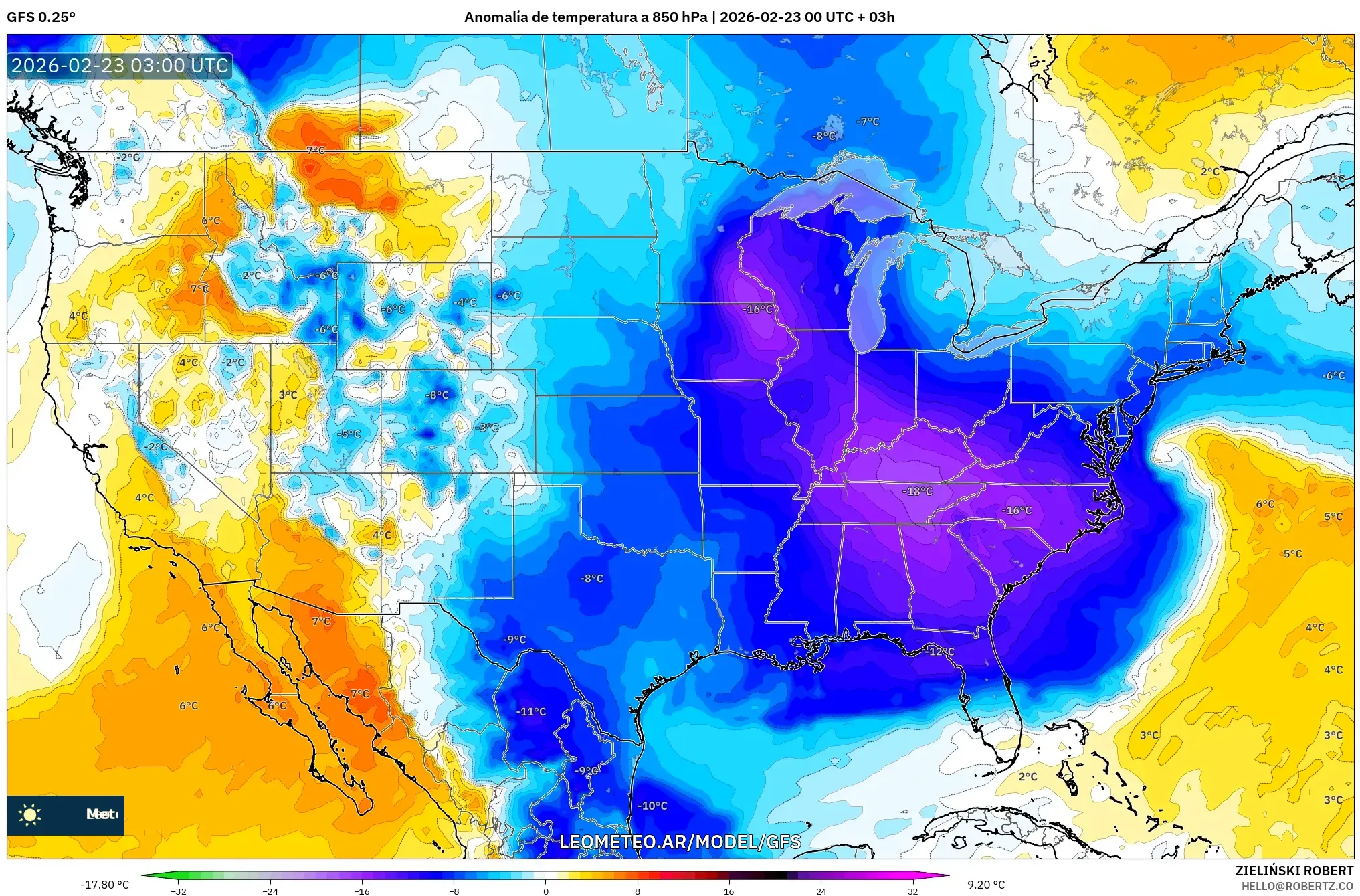 GFS model - Stany Zjednoczone, Anomalia temperatury na 850 hPa