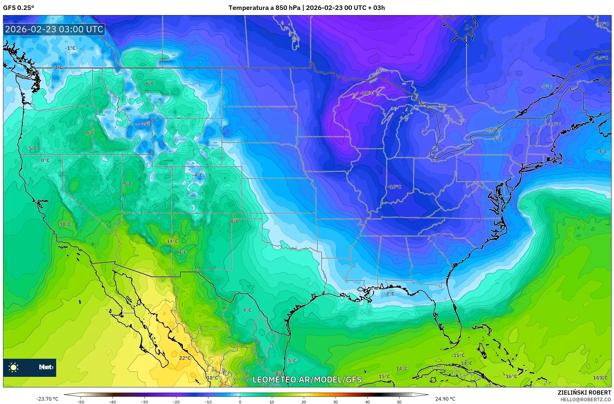 GFS model - Stany Zjednoczone, Temperatura na 850 hPa