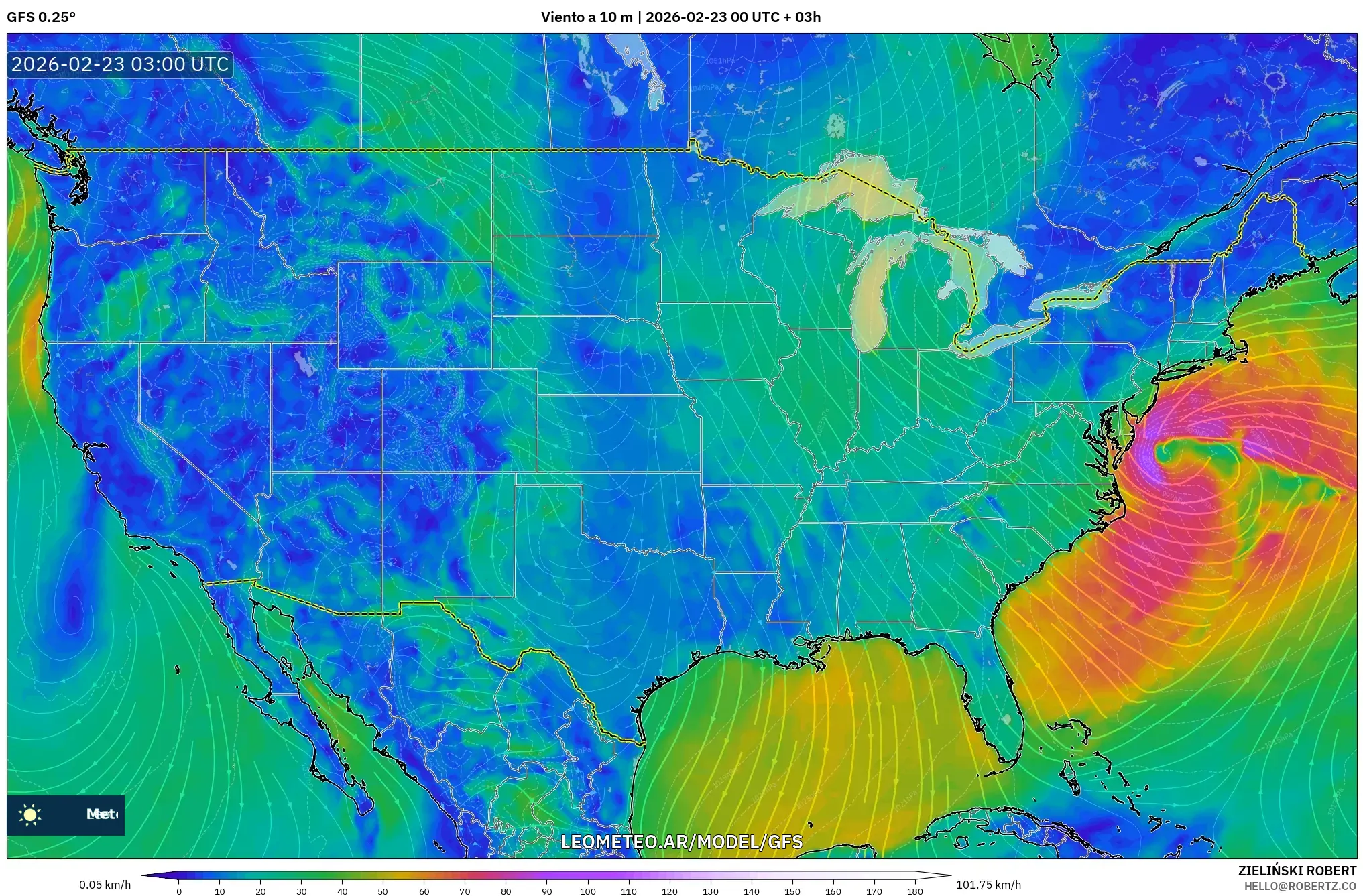 GFS model - Stany Zjednoczone, Wiatr na 10 m