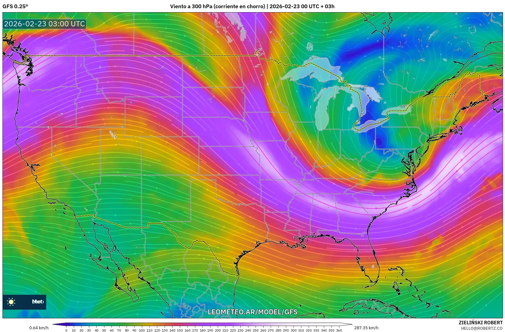 GFS model - Stany Zjednoczone, Wiatr na 300 hPa (prąd strumieniowy)