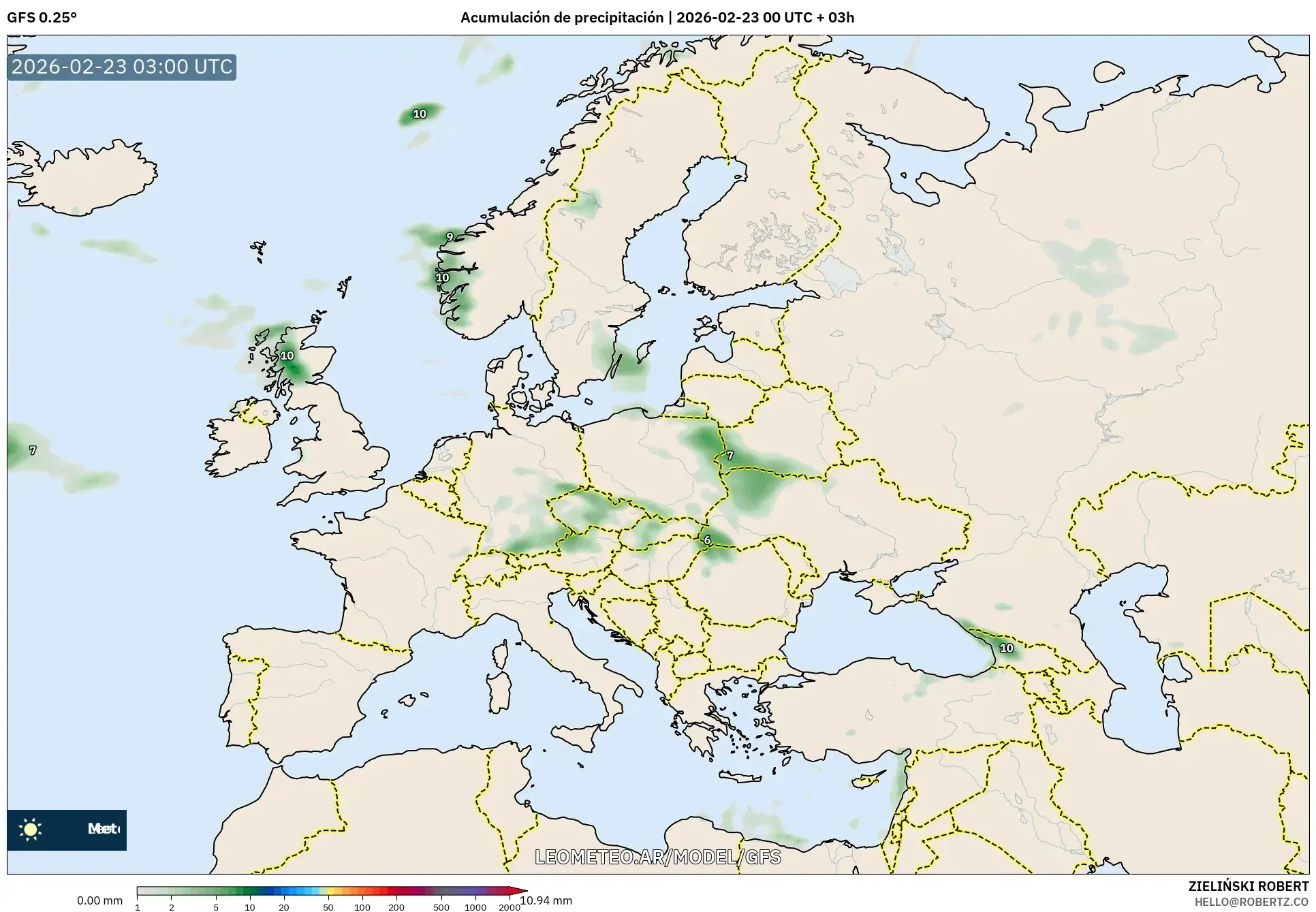 GFS model - Europa, Suma opadów