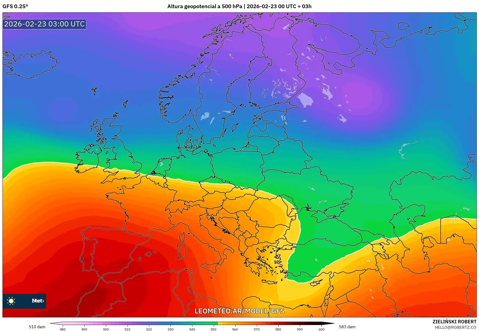 GFS model - Europa, Wysokość geopotencjalna na poziomie 500 hPa