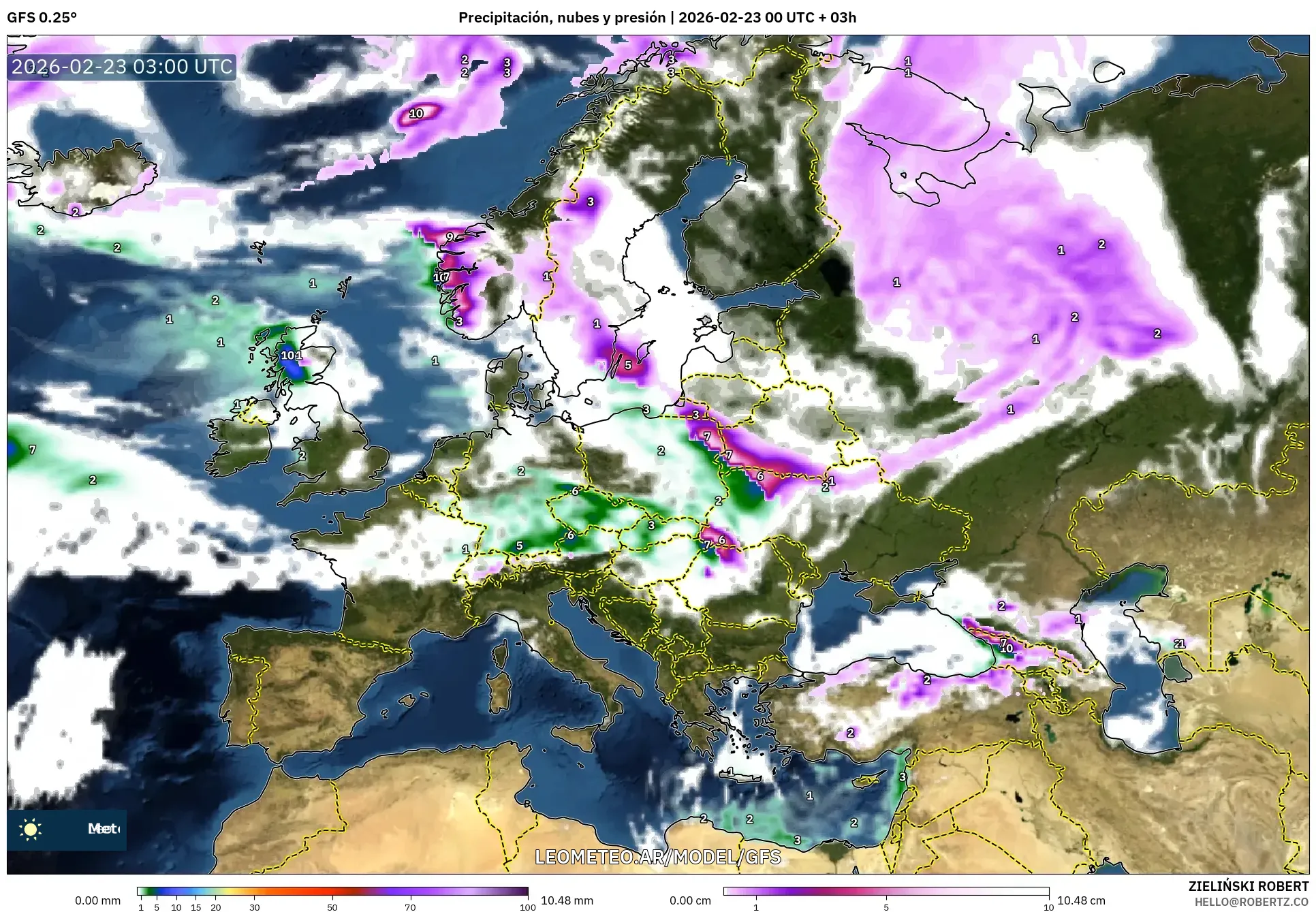 GFS model - Europa, Opady, chmury i ciśnienie