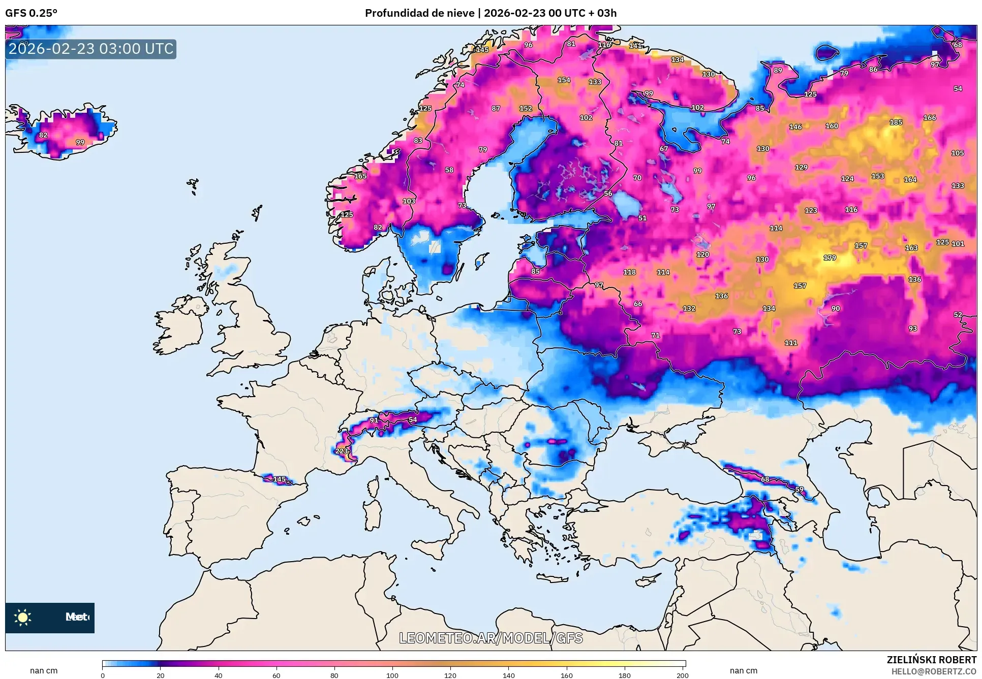 GFS model - Europa, Pokrywa śnieżna