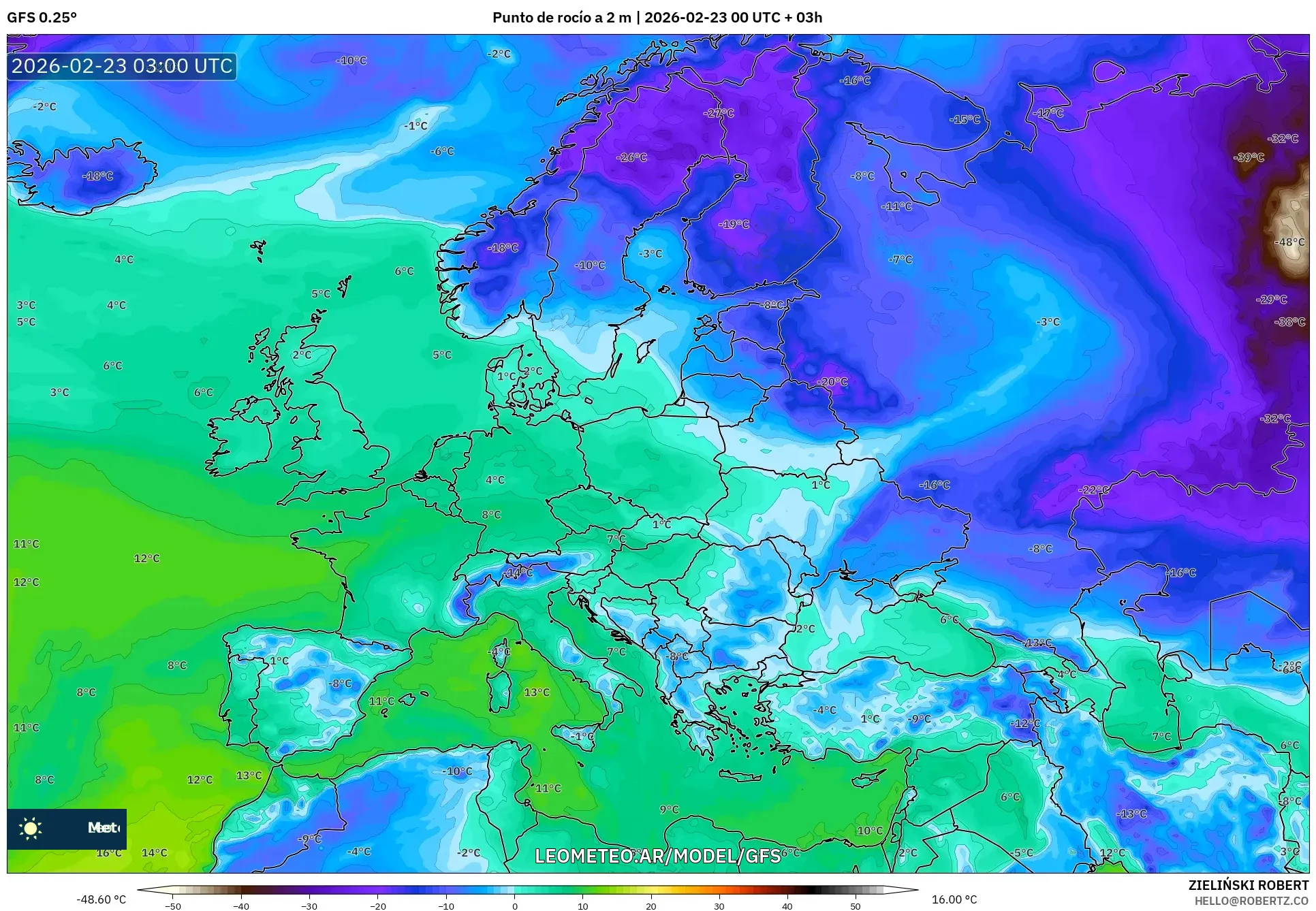 GFS model - Europa, Punkt rosy na 2 m