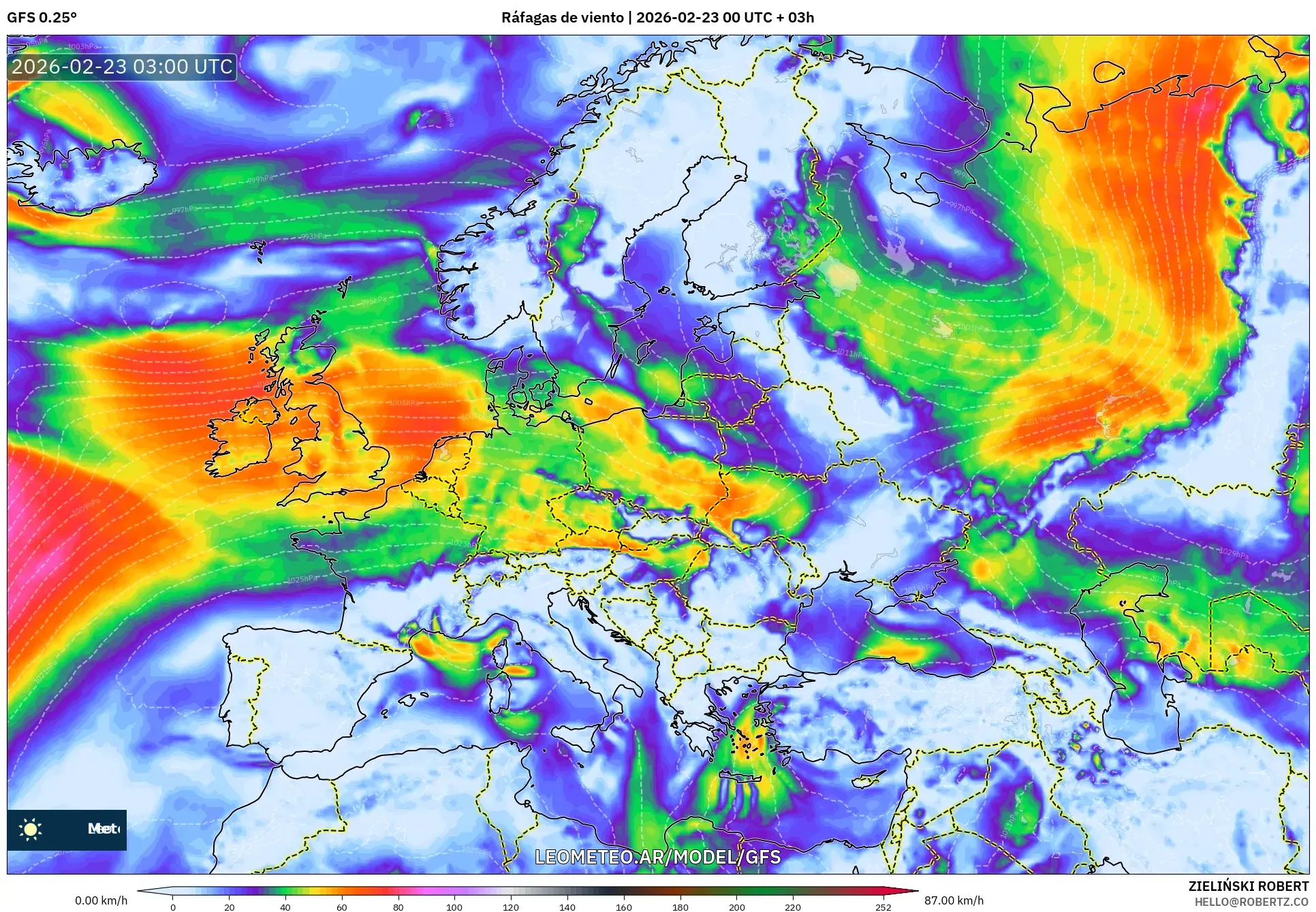 GFS model - Europa, Porywy wiatru