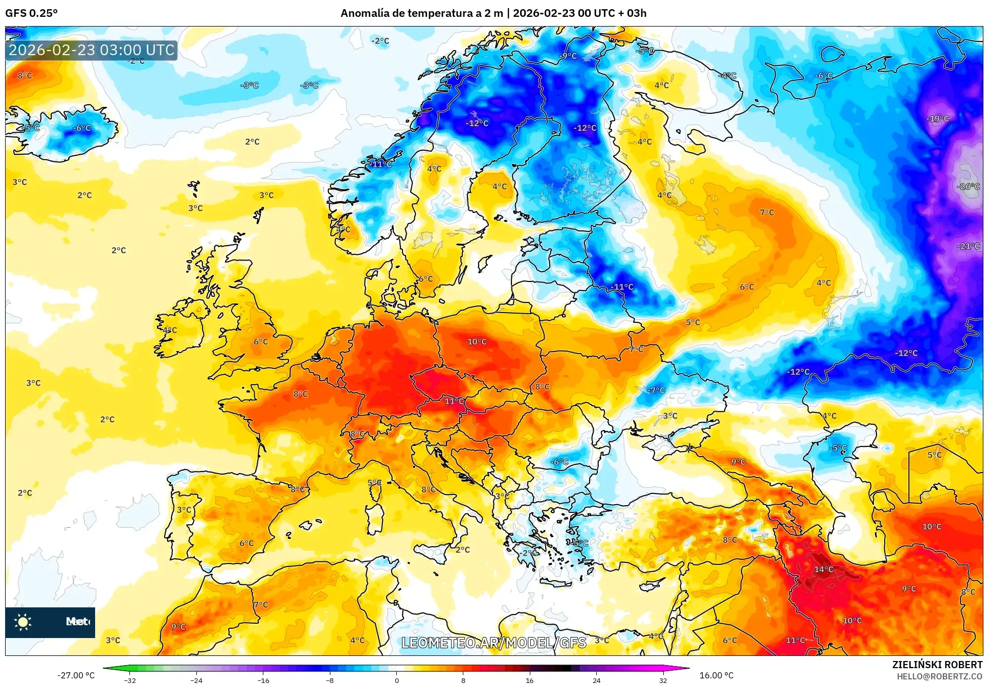 GFS model - Europa, Anomalia temperatury na 2 m