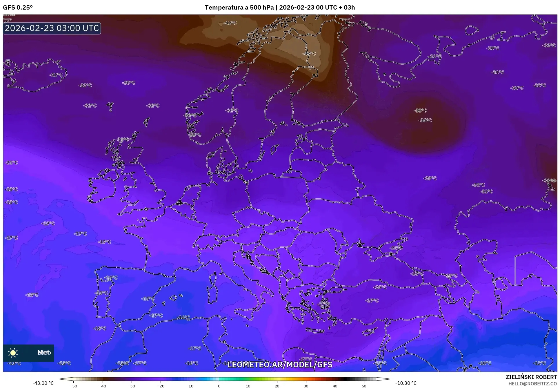 GFS model - Europa, Temperatura na 500 hPa