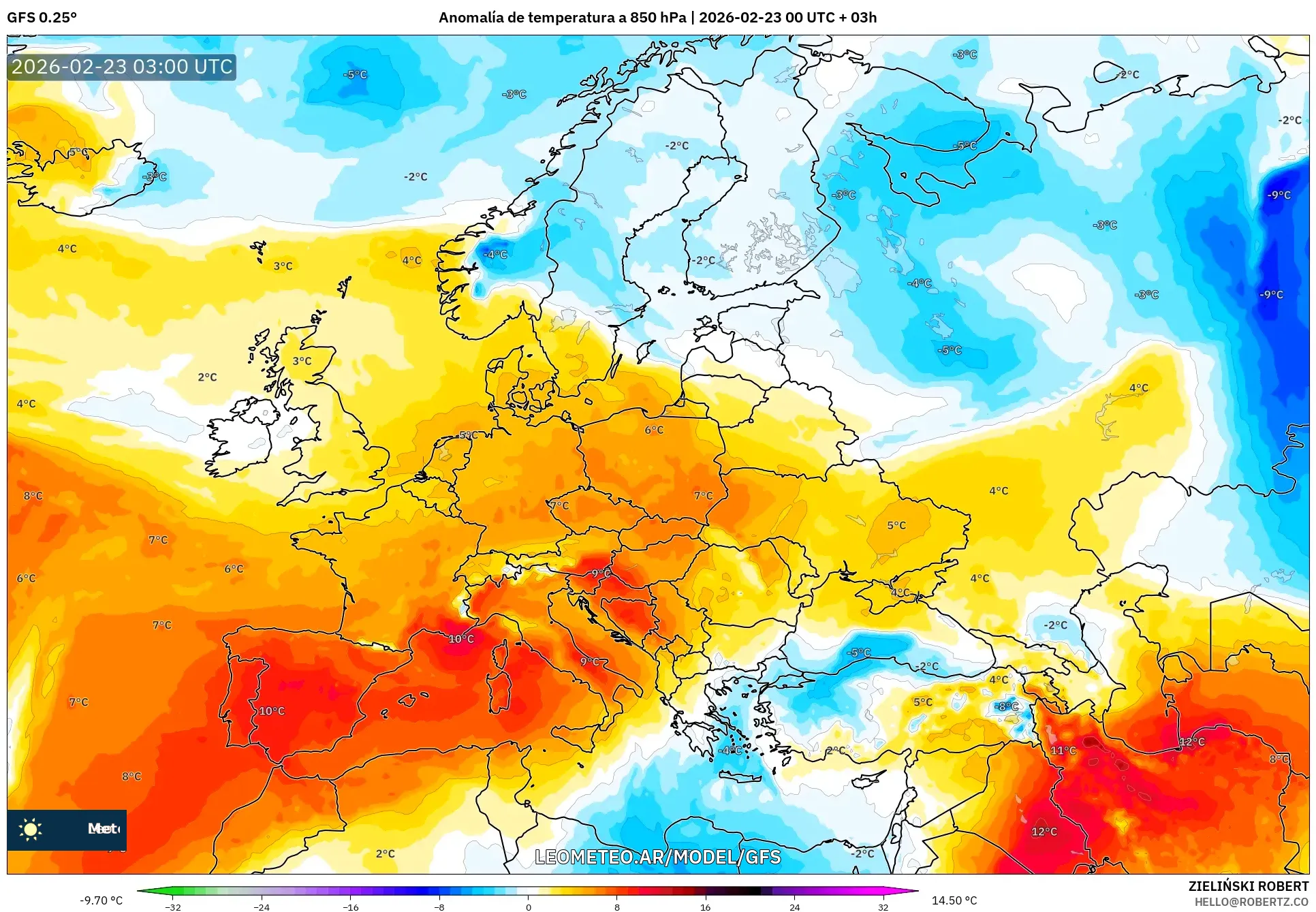 GFS model - Europa, Anomalia temperatury na 850 hPa