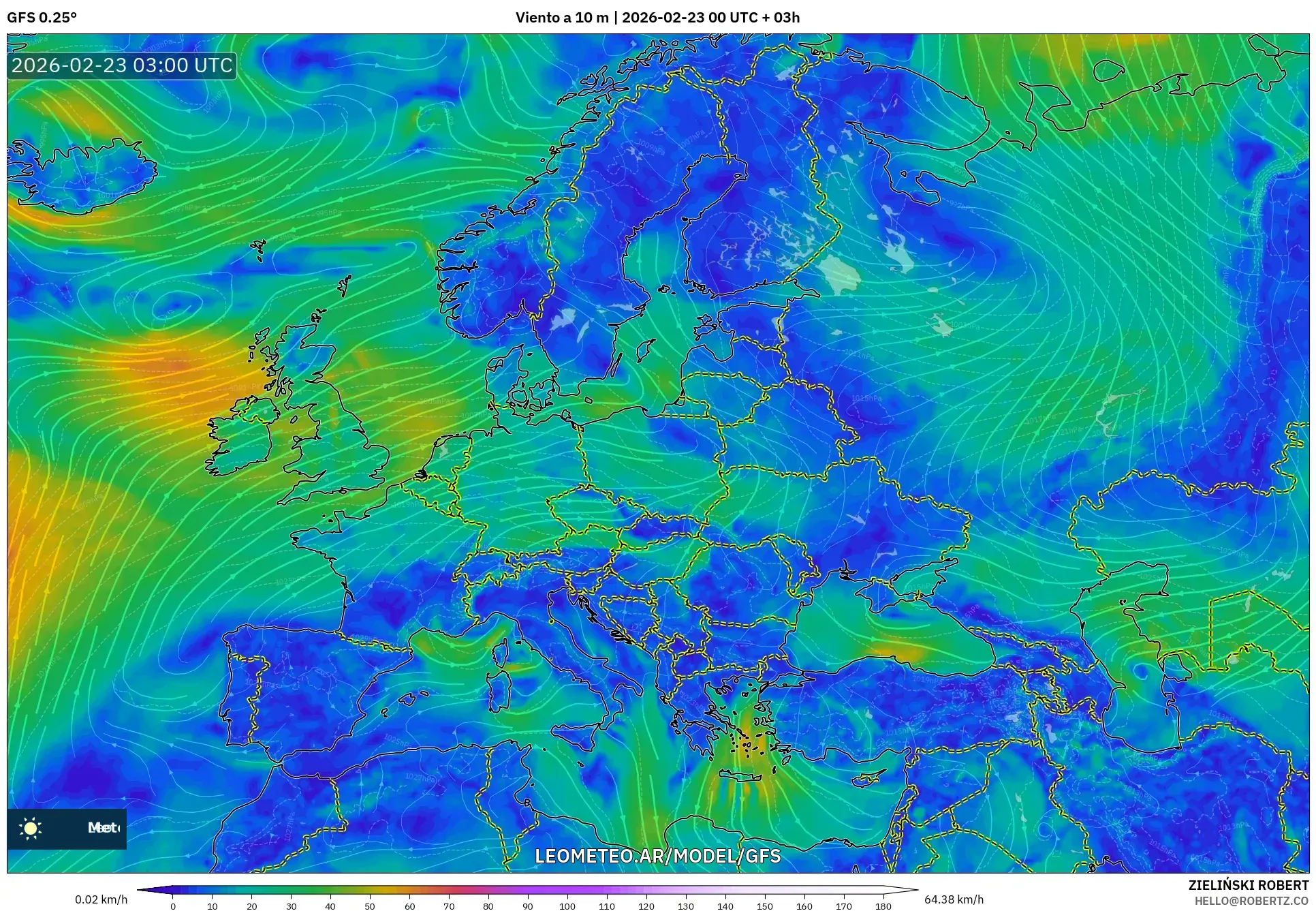 GFS model - Europa, Wiatr na 10 m