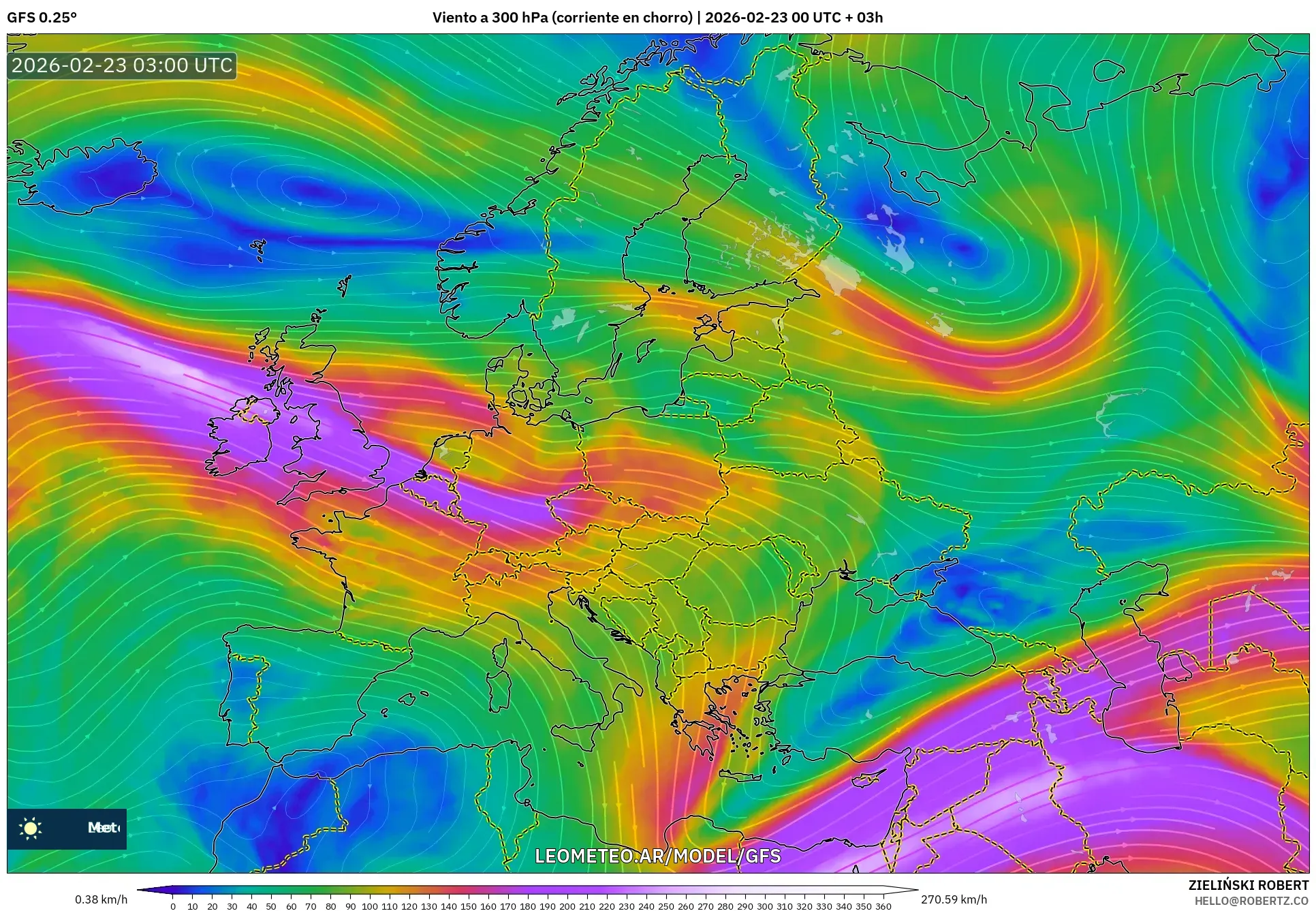 GFS model - Europa, Wiatr na 300 hPa (prąd strumieniowy)