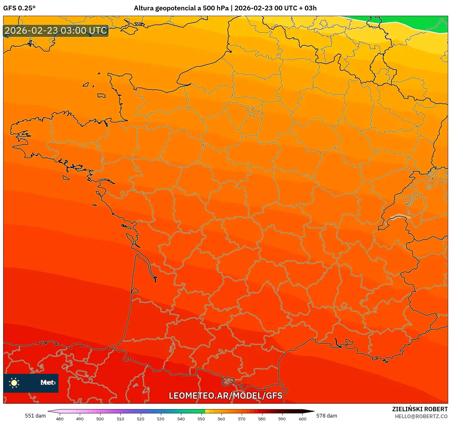 GFS model - Francja, Wysokość geopotencjalna na poziomie 500 hPa