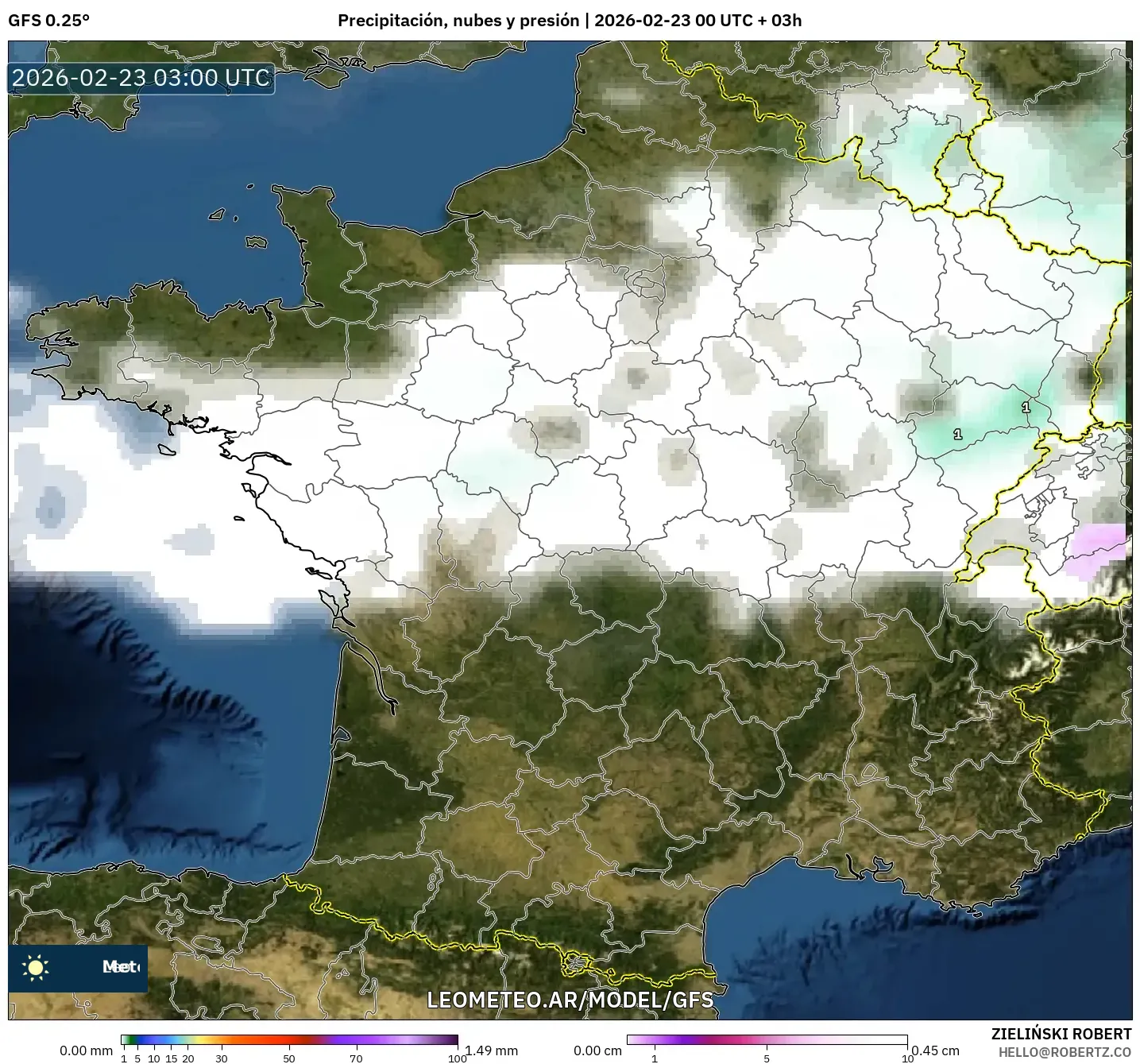 GFS model - Francja, Opady, chmury i ciśnienie