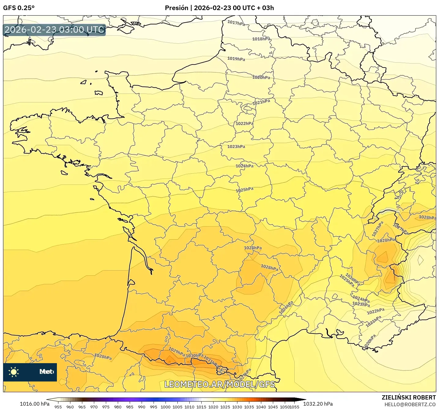 GFS model - Francja, Ciśnienie