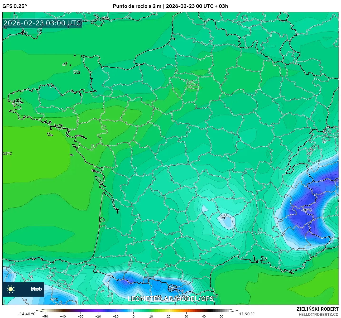 GFS model - Francja, Punkt rosy na 2 m