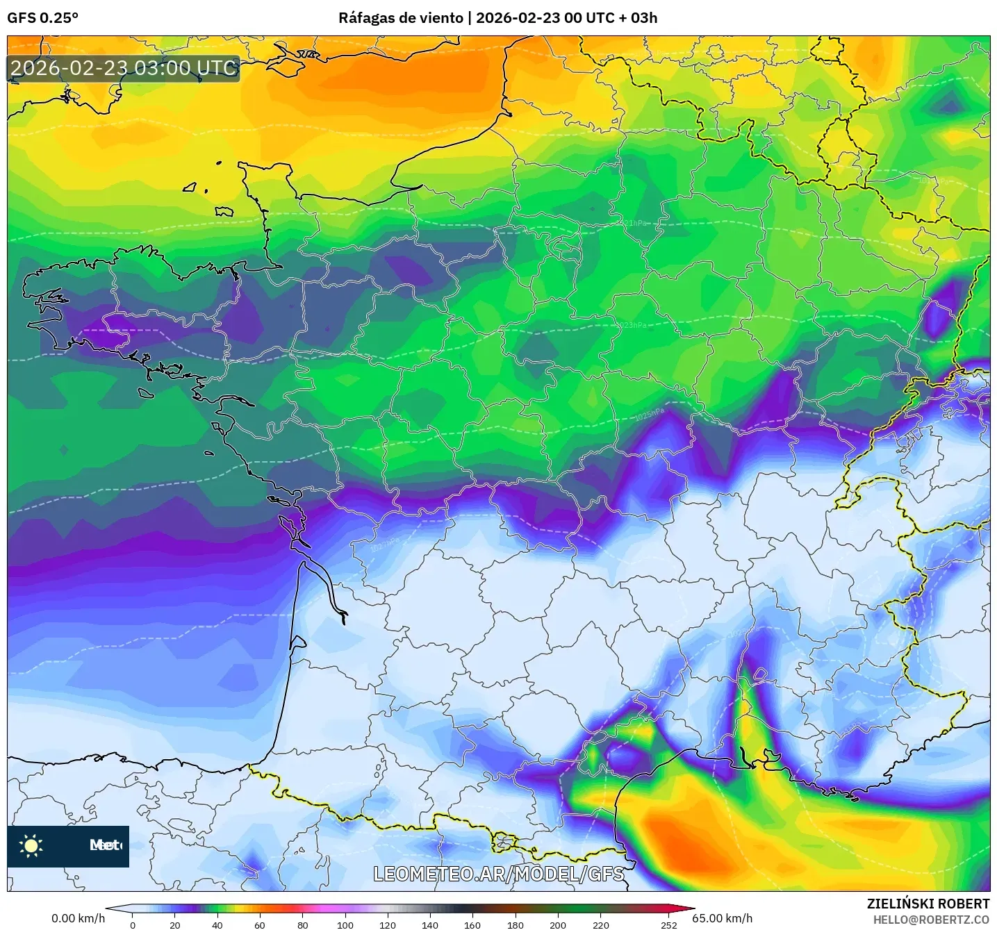GFS model - Francja, Porywy wiatru