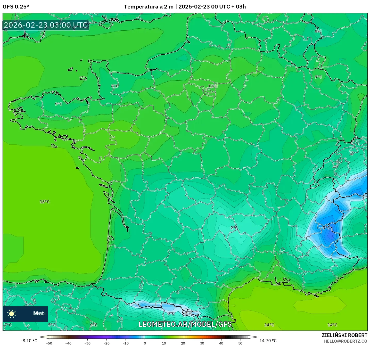 GFS model - Francja, Temperatura na 2 m