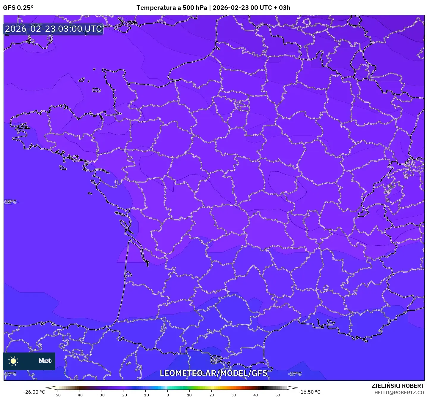 GFS model - Francja, Temperatura na 500 hPa