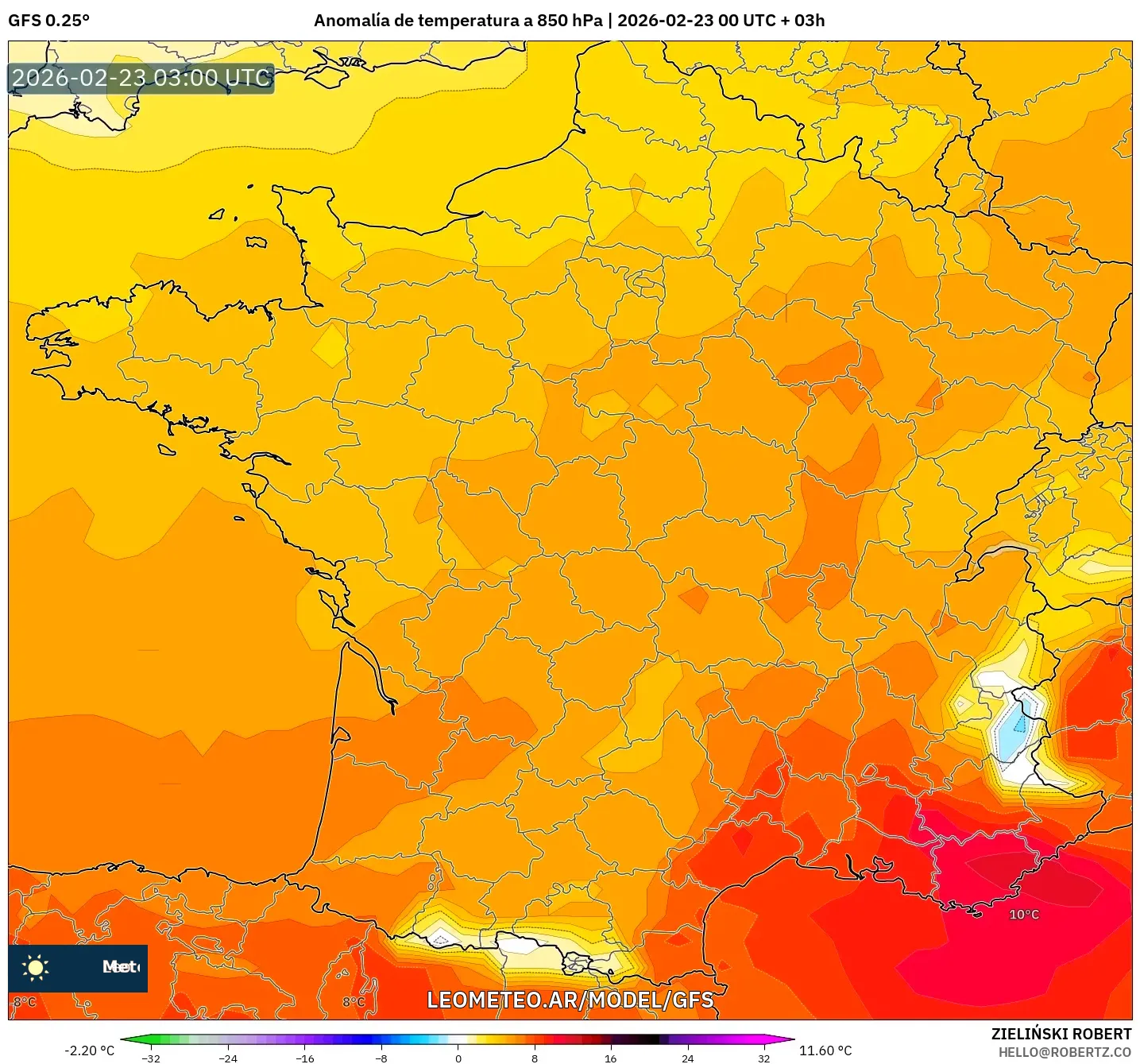 GFS model - Francja, Anomalia temperatury na 850 hPa