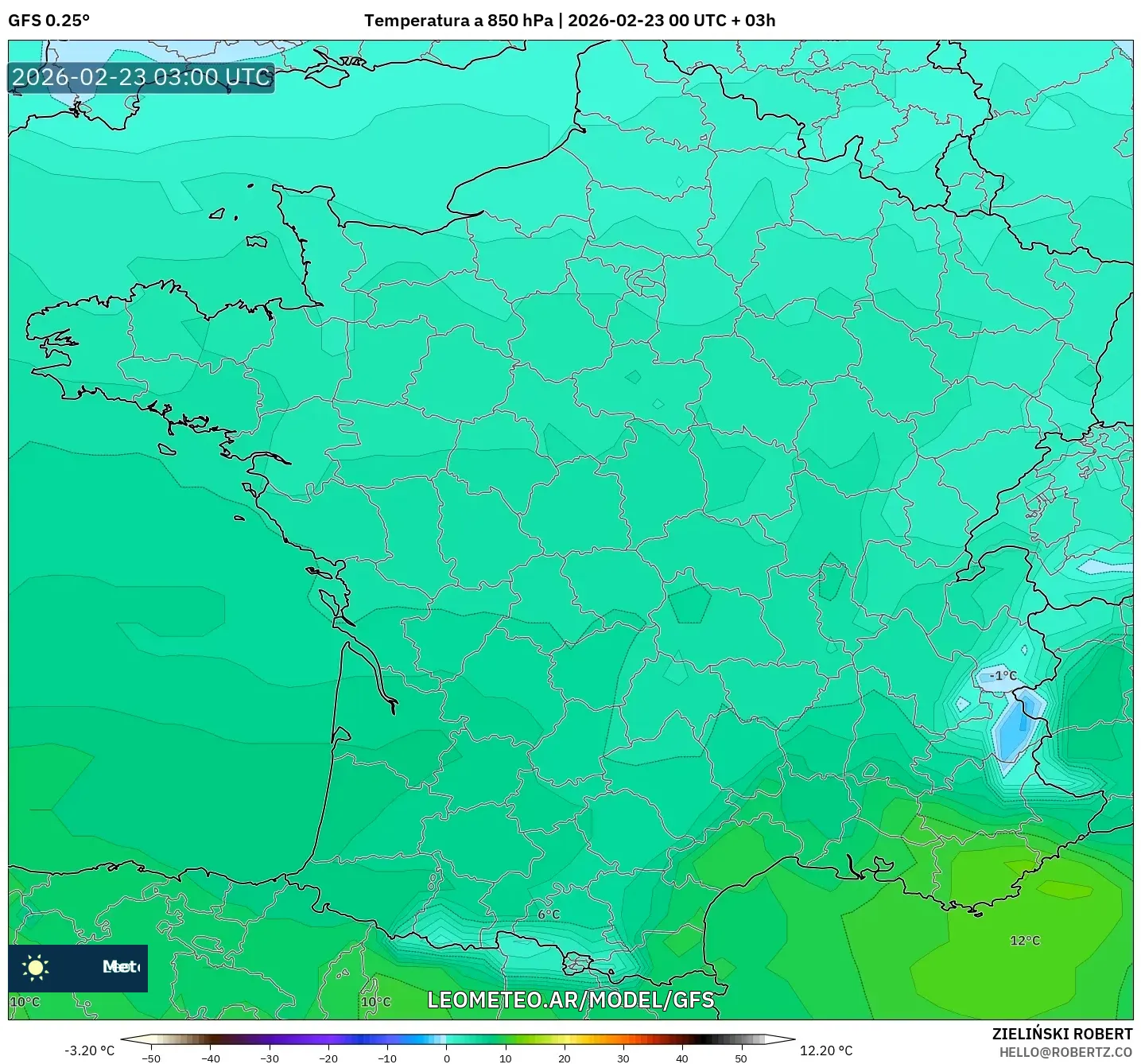 GFS model - Francja, Temperatura na 850 hPa