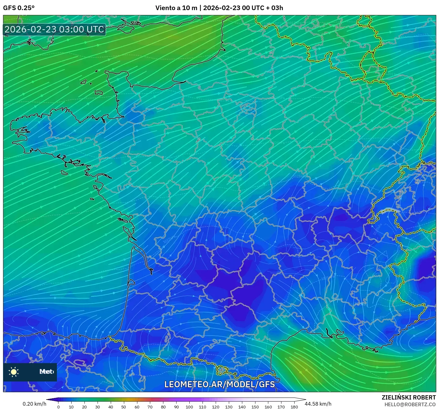 GFS model - Francja, Wiatr na 10 m