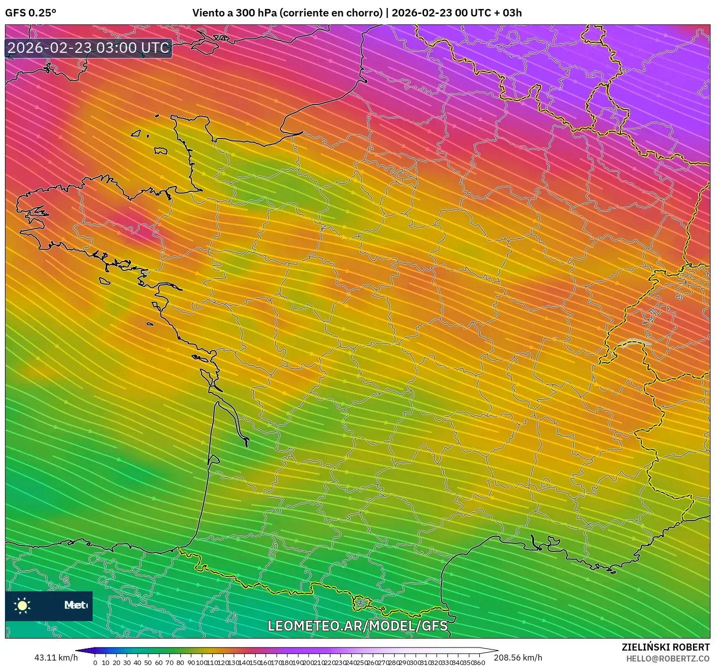 GFS model - Francja, Wiatr na 300 hPa (prąd strumieniowy)