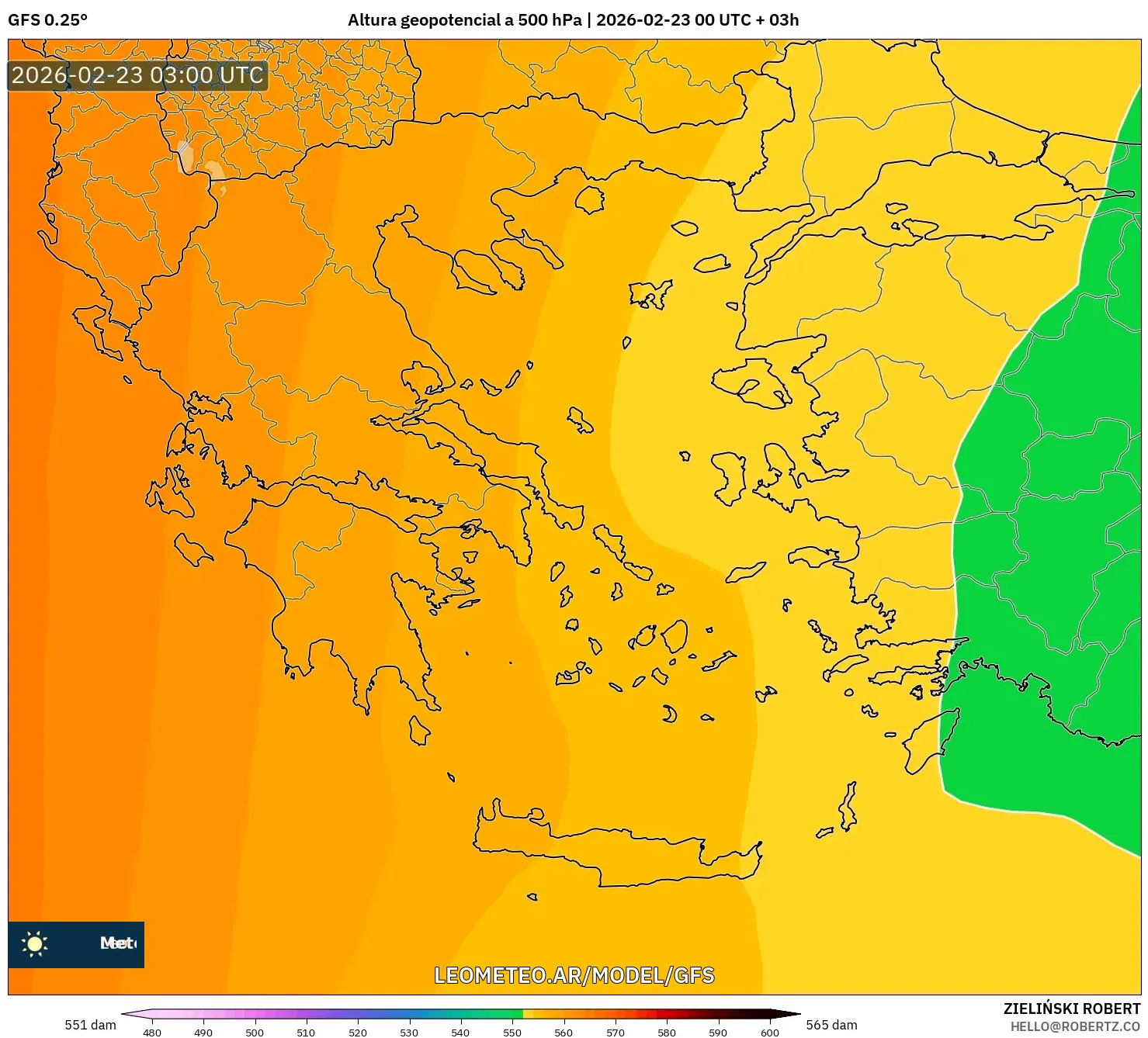 GFS model - Grecja, Wysokość geopotencjalna na poziomie 500 hPa