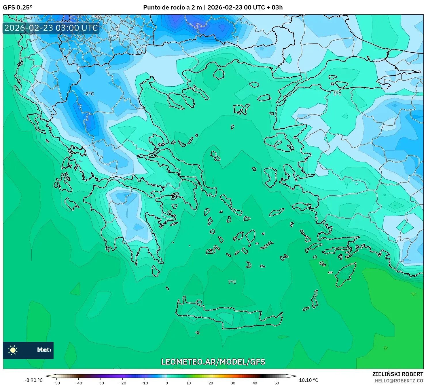 GFS model - Grecja, Punkt rosy na 2 m