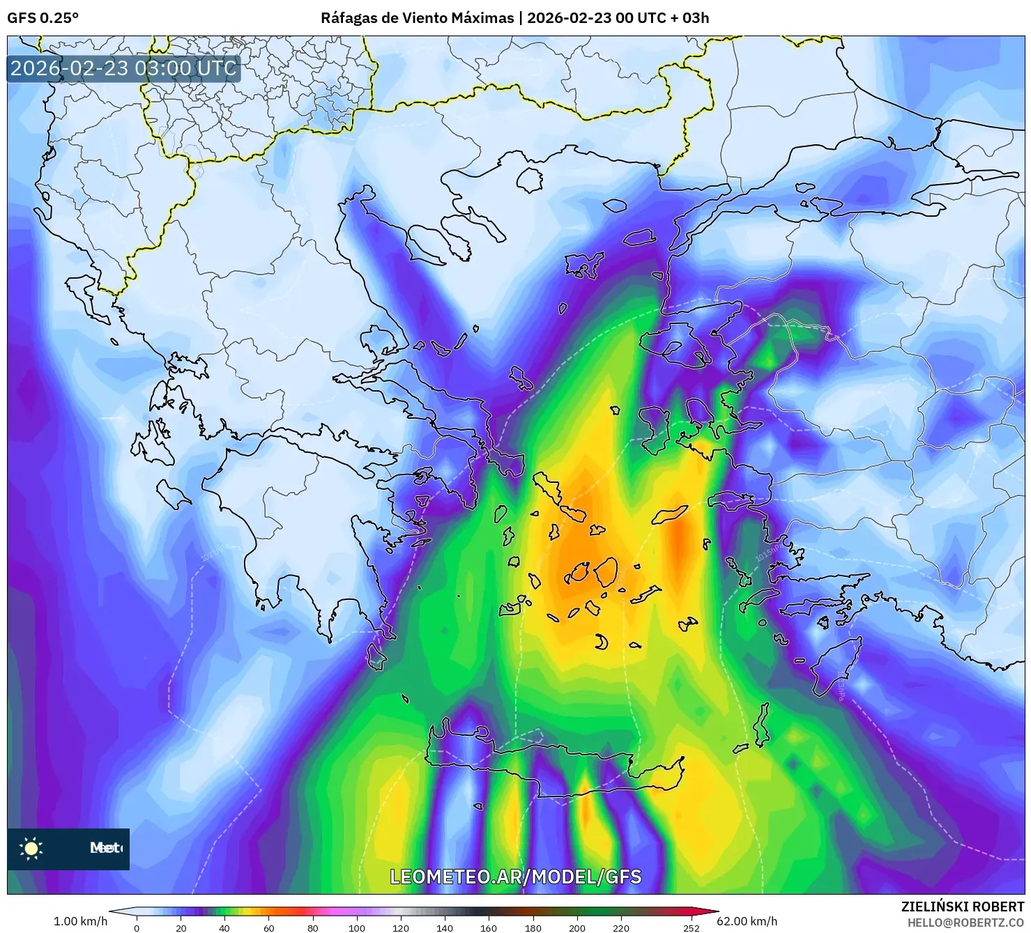 GFS model - Grecja, Maksymalne Porywy Wiatru