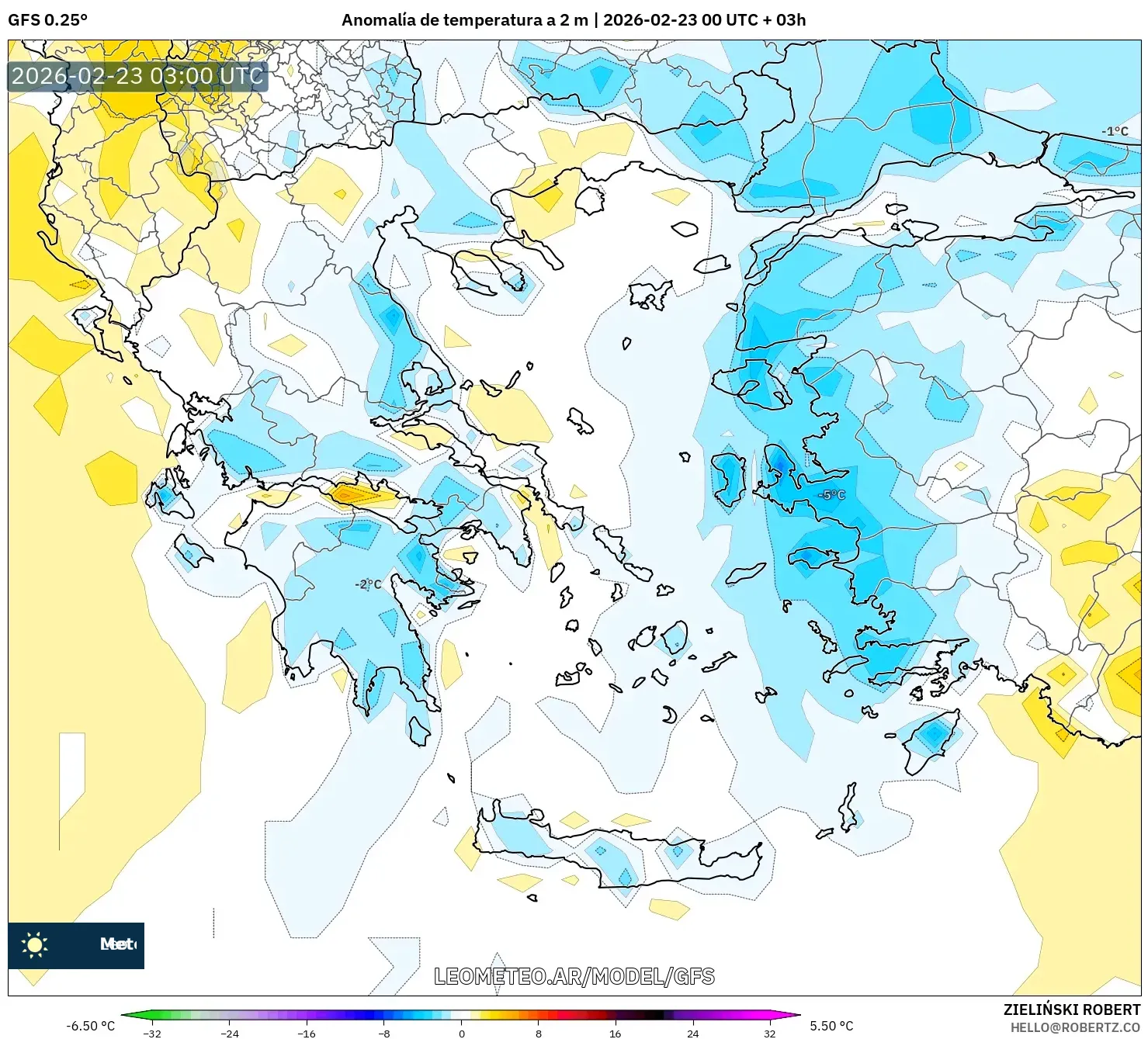GFS model - Grecja, Anomalia temperatury na 2 m