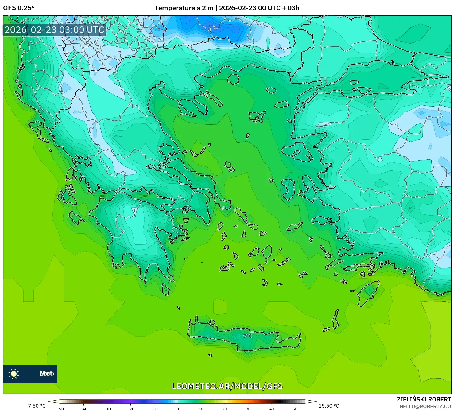 GFS model - Grecja, Temperatura na 2 m