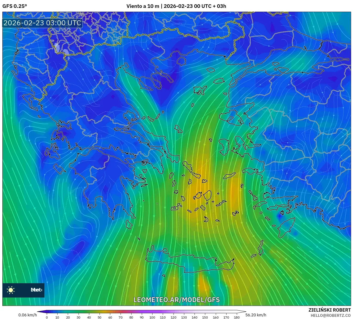 GFS model - Grecja, Wiatr na 10 m