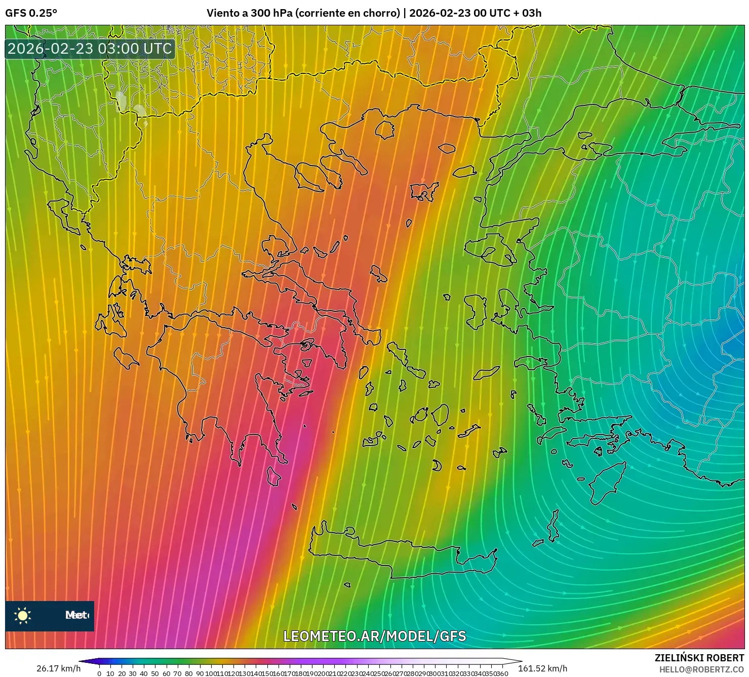 GFS model - Grecja, Wiatr na 300 hPa (prąd strumieniowy)