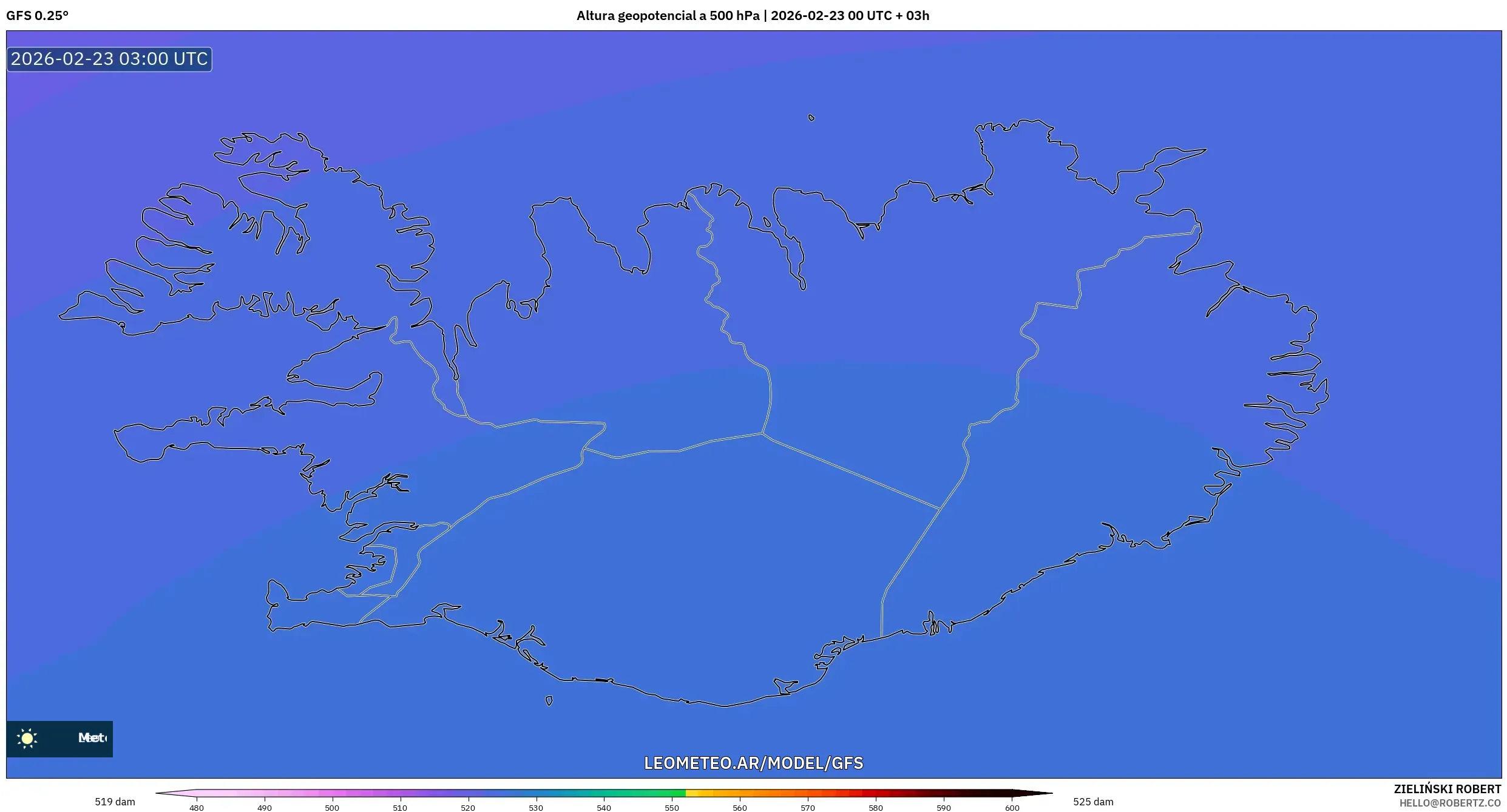 GFS model - Islandia, Wysokość geopotencjalna na poziomie 500 hPa