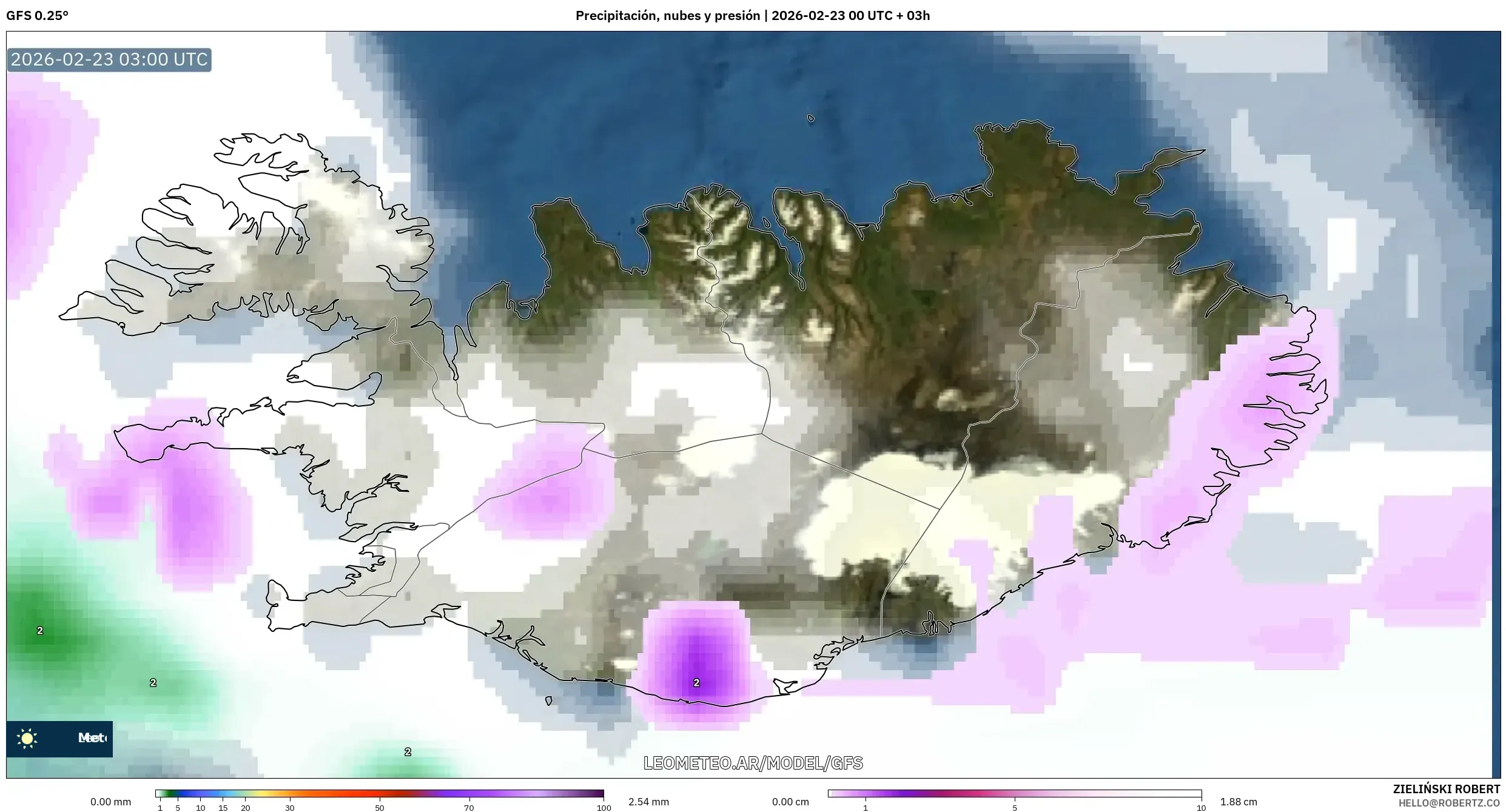 GFS model - Islandia, Opady, chmury i ciśnienie