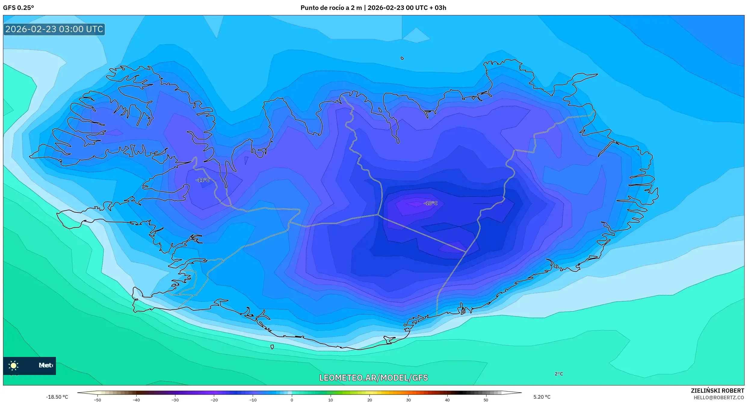 GFS model - Islandia, Punkt rosy na 2 m