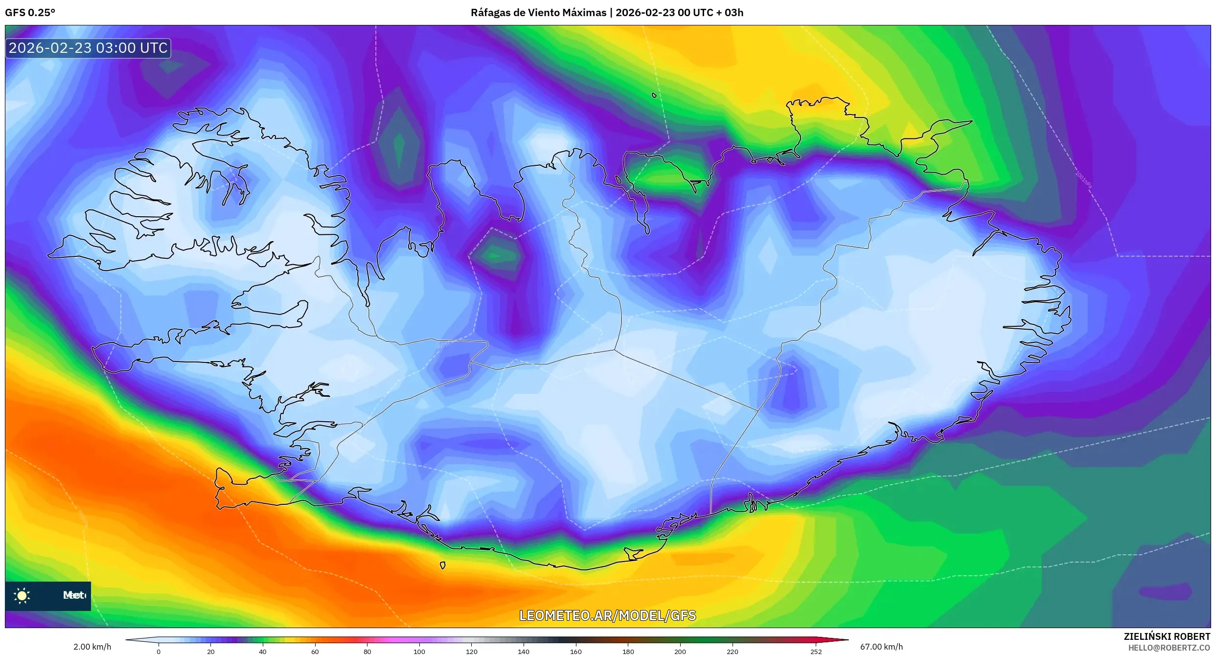 GFS model - Islandia, Maksymalne Porywy Wiatru