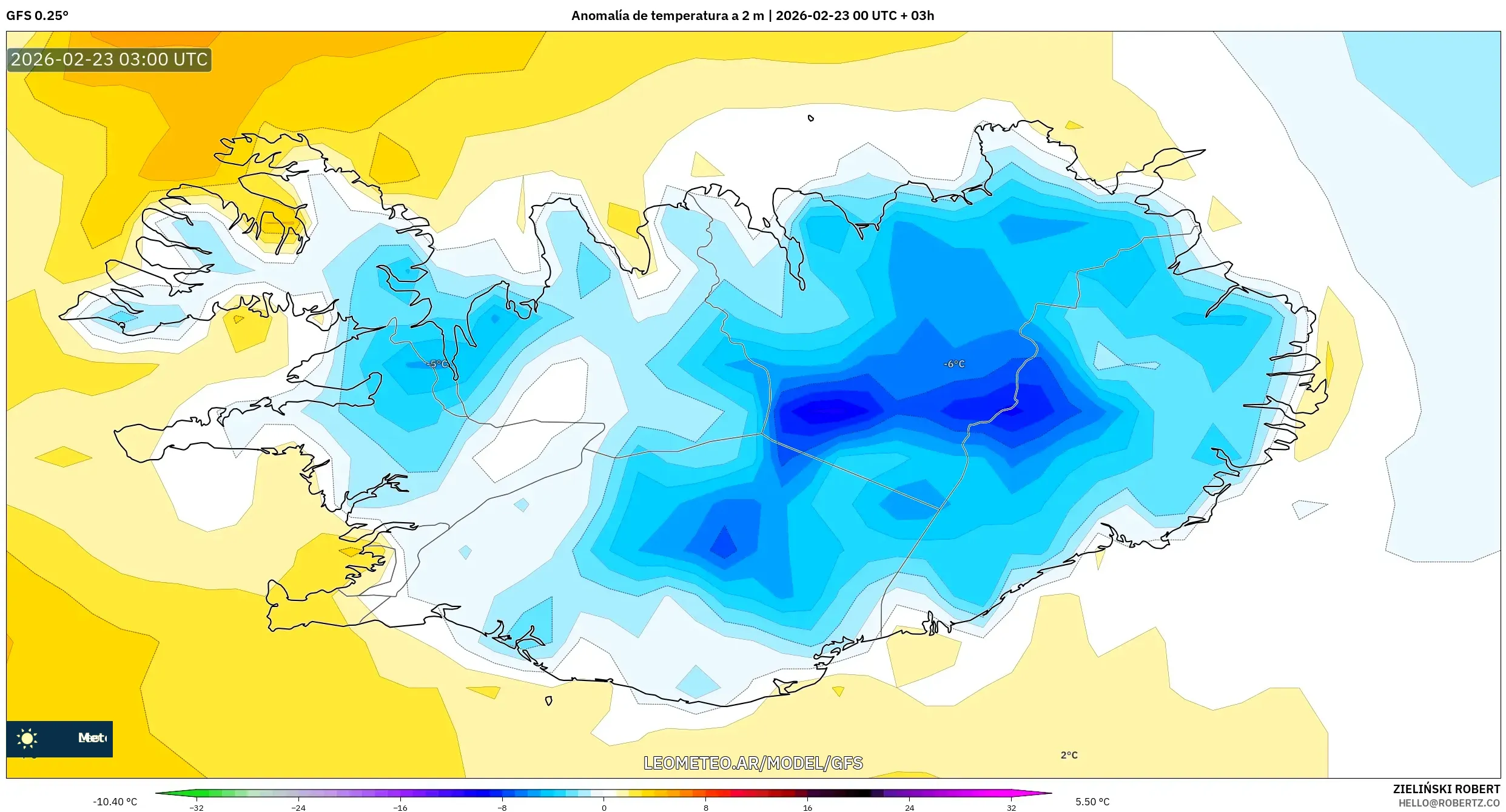 GFS model - Islandia, Anomalia temperatury na 2 m