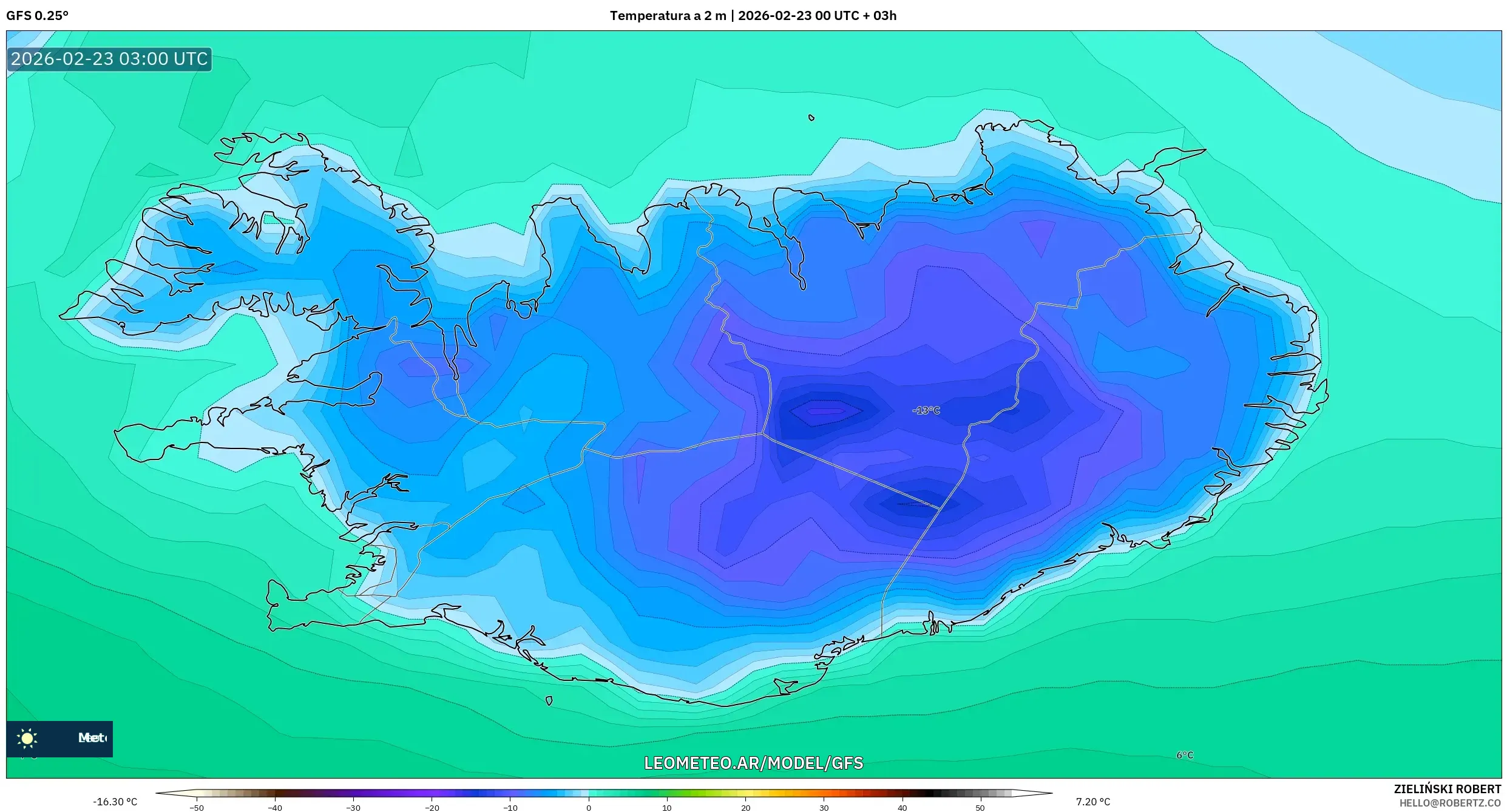 GFS model - Islandia, Temperatura na 2 m
