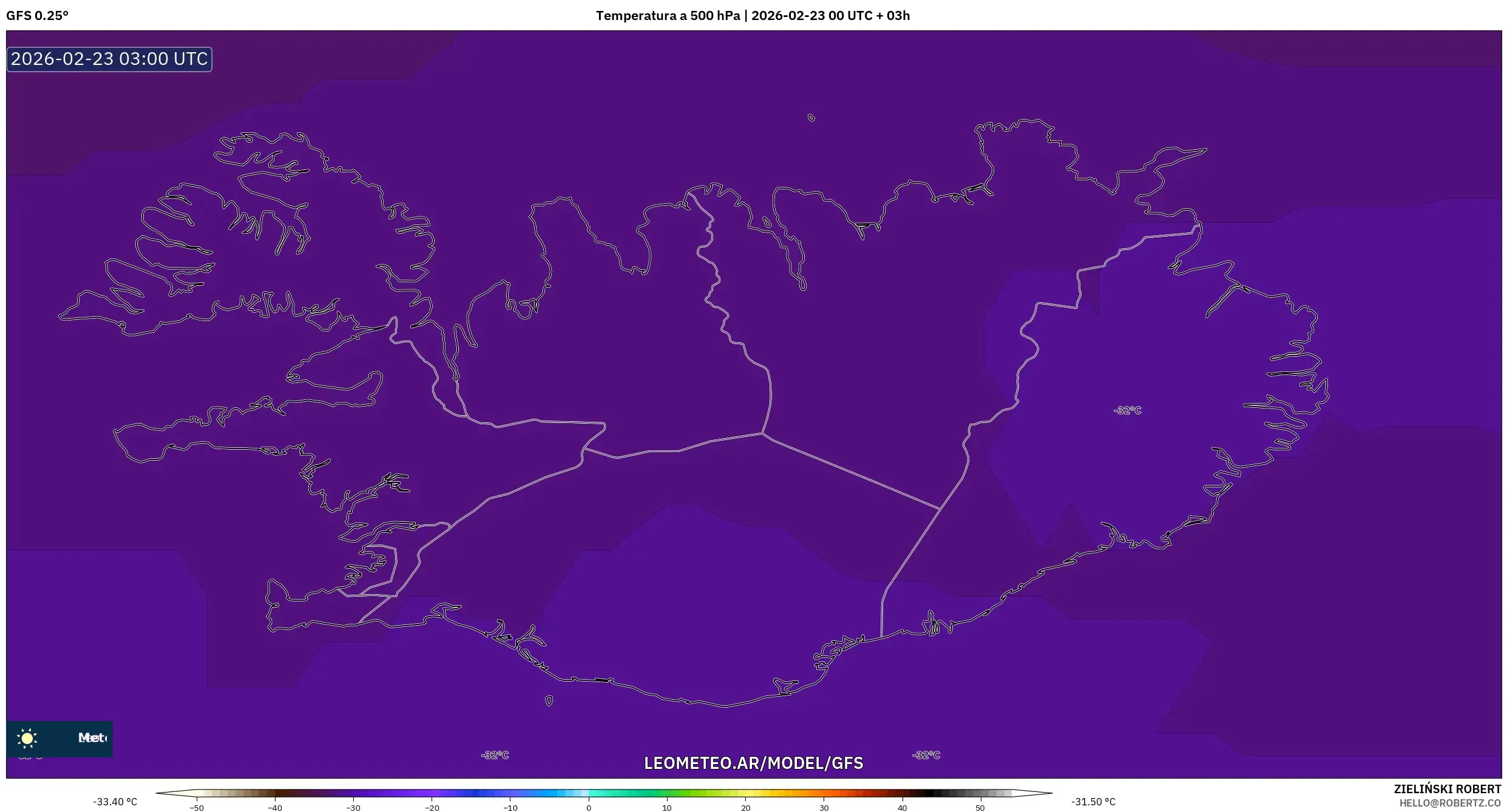 GFS model - Islandia, Temperatura na 500 hPa