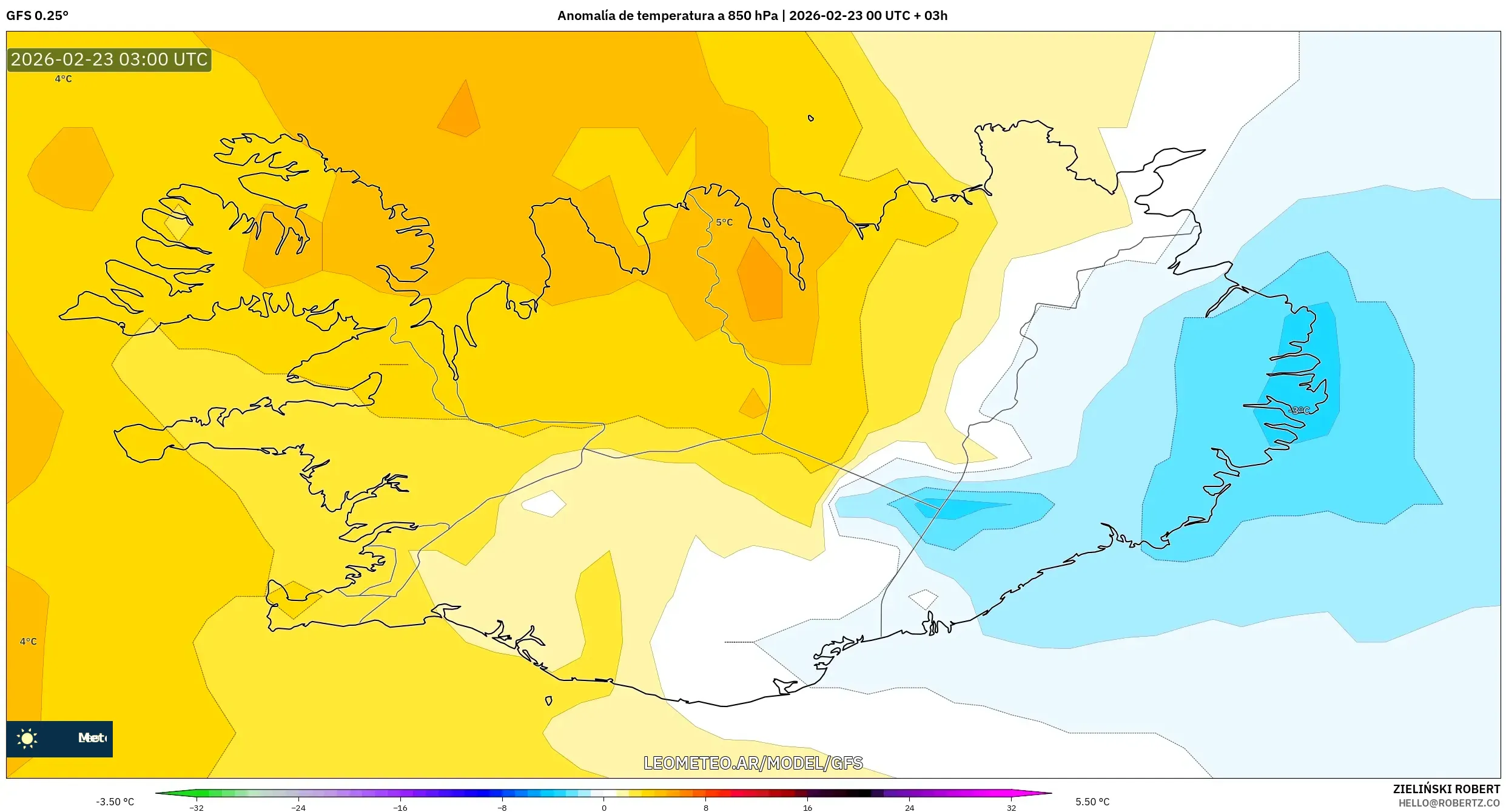 GFS model - Islandia, Anomalia temperatury na 850 hPa