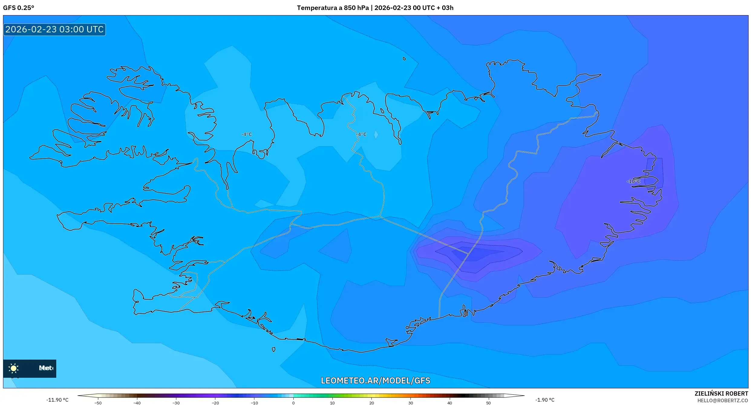 GFS model - Islandia, Temperatura na 850 hPa