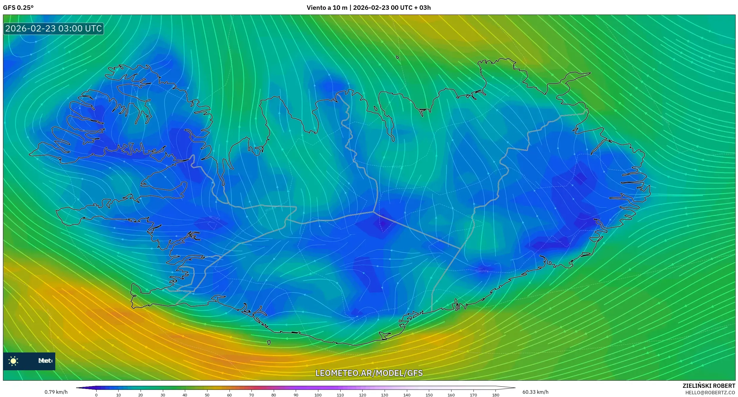 GFS model - Islandia, Wiatr na 10 m