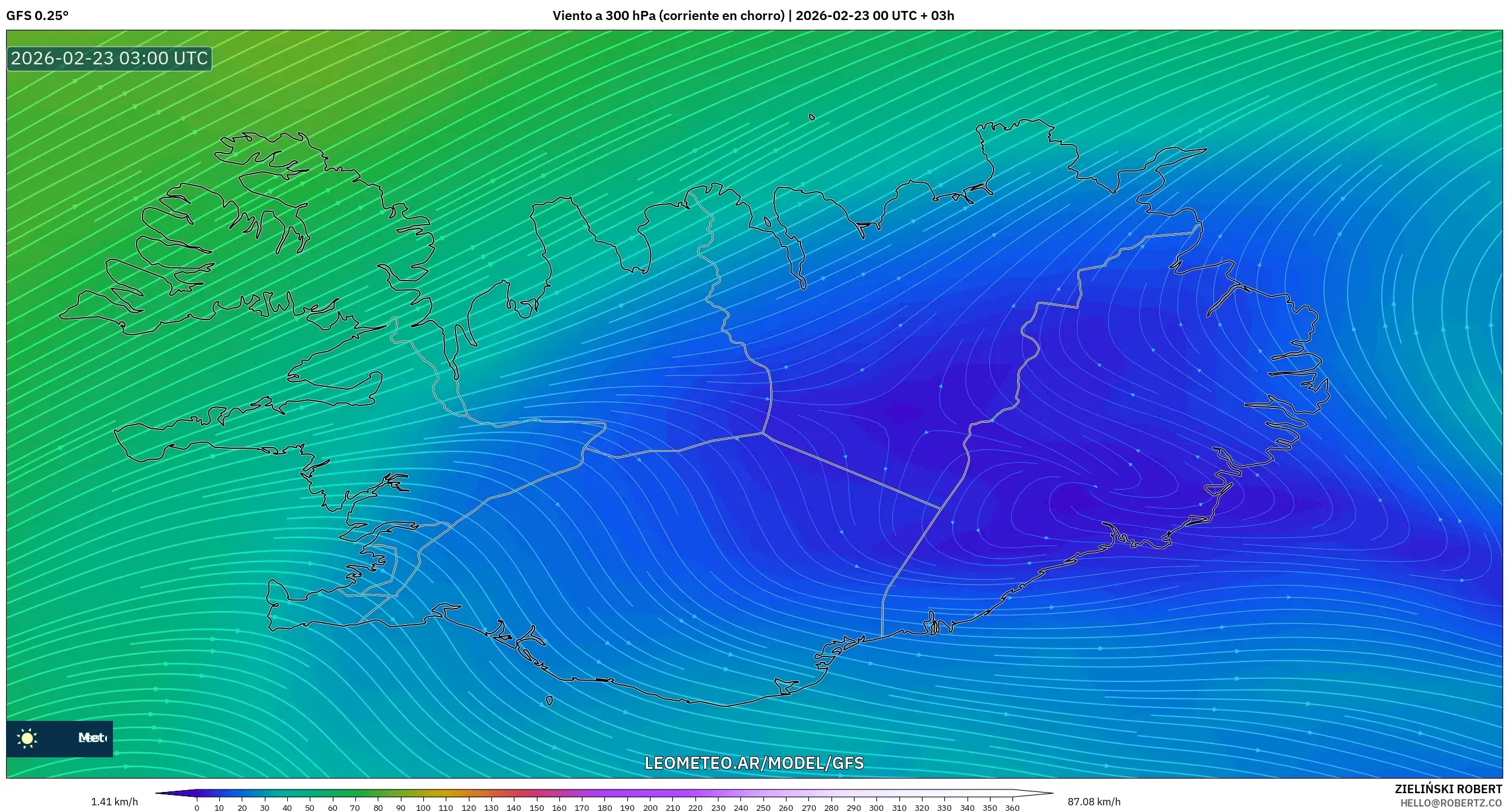 GFS model - Islandia, Wiatr na 300 hPa (prąd strumieniowy)