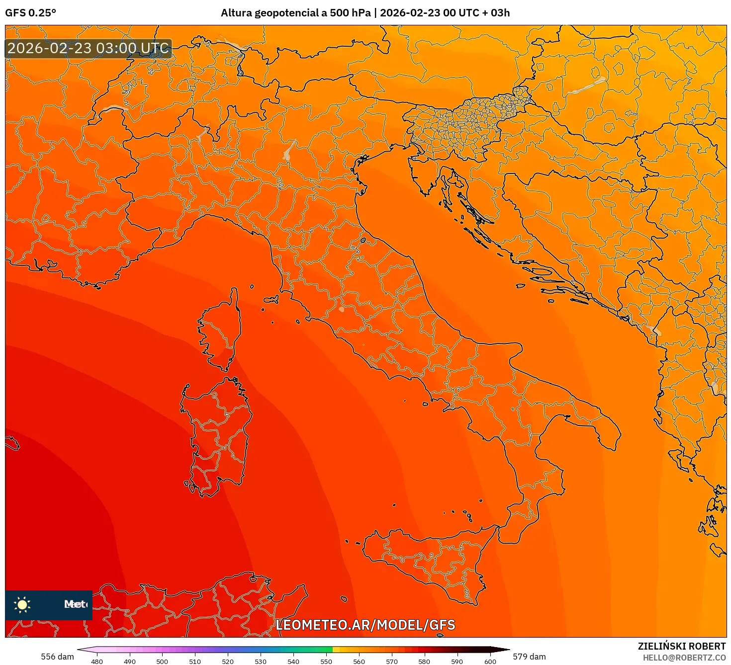 GFS model - Włochy, Wysokość geopotencjalna na poziomie 500 hPa