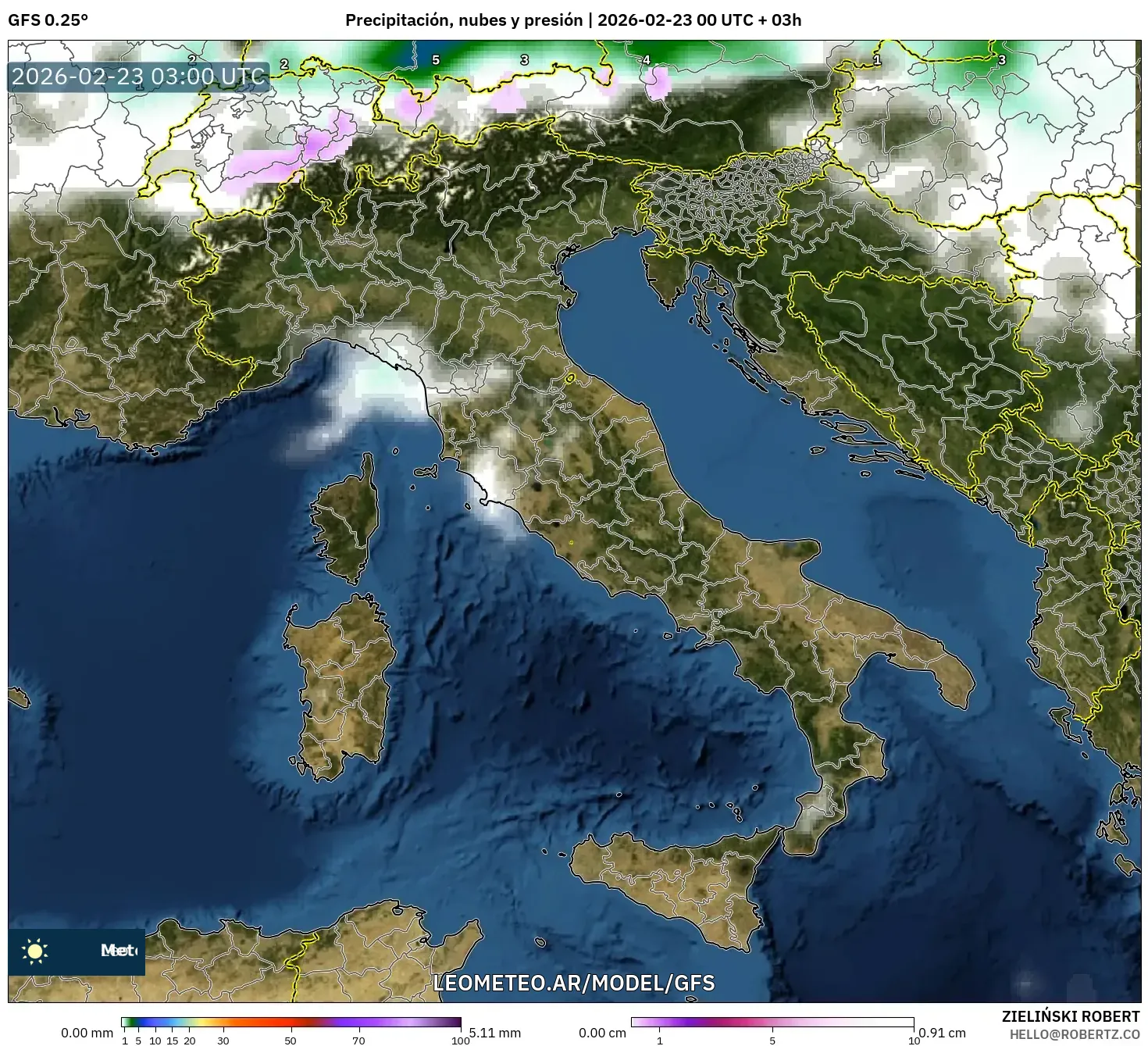 GFS model - Włochy, Opady, chmury i ciśnienie