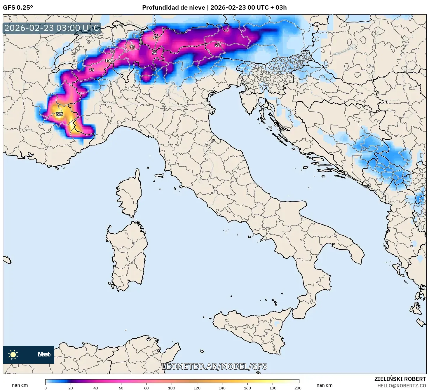 GFS model - Włochy, Pokrywa śnieżna