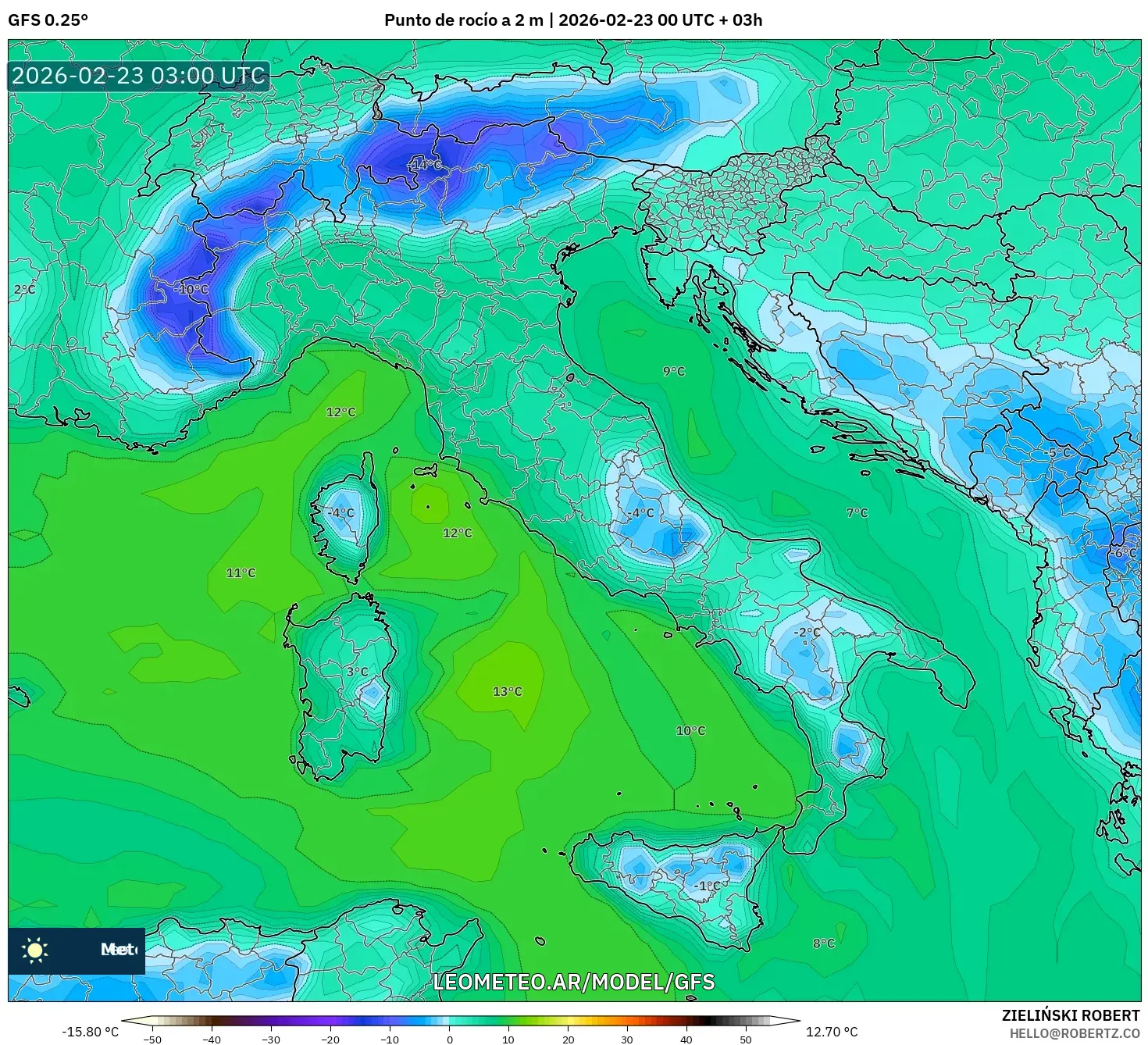 GFS model - Włochy, Punkt rosy na 2 m