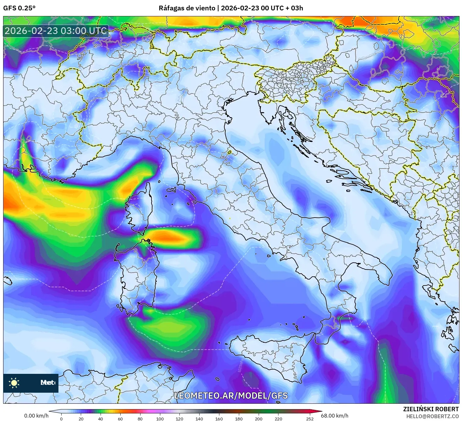 GFS model - Włochy, Porywy wiatru
